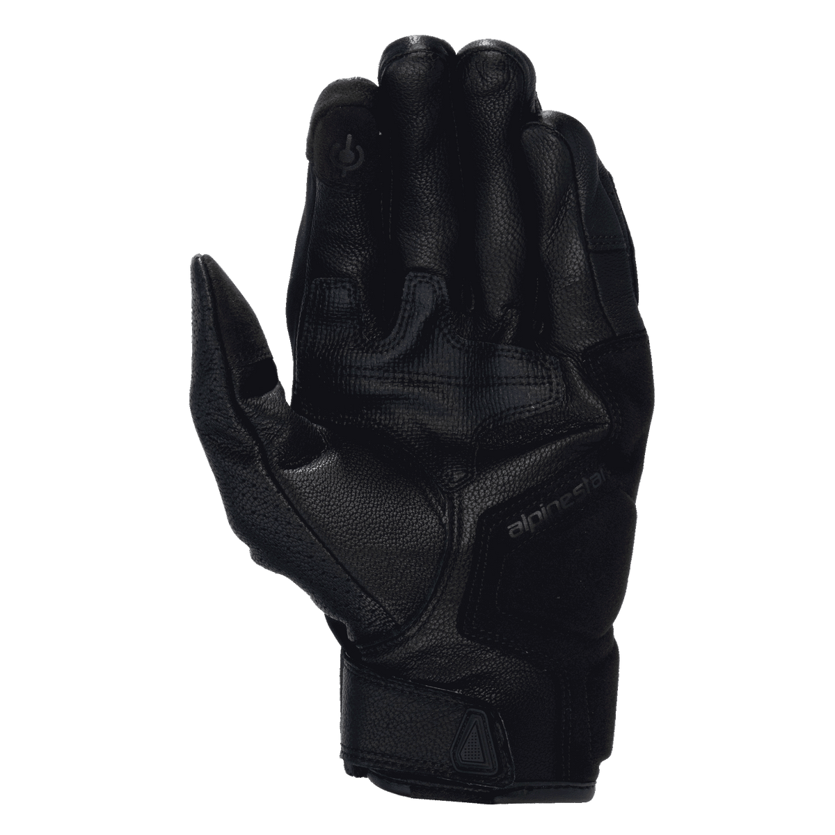 Alpinestars Celer V3 Gloves, Black Leather Motorcycle Gloves, Palm view showing goat leather construction, padded palm reinforcements, touchscreen-compatible index finger, and Alpinestars logo branding