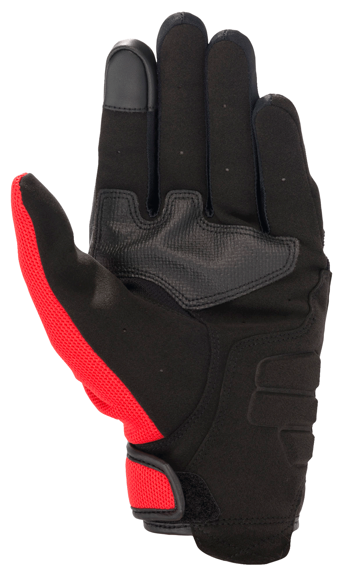 Alpinestars Honda Copper Glove, urban motorcycle glove, black with bright red accents, palm view showing synthetic suede material, reinforced palm patch, touchscreen-compatible fingertip, and hook-and-loop closure.
