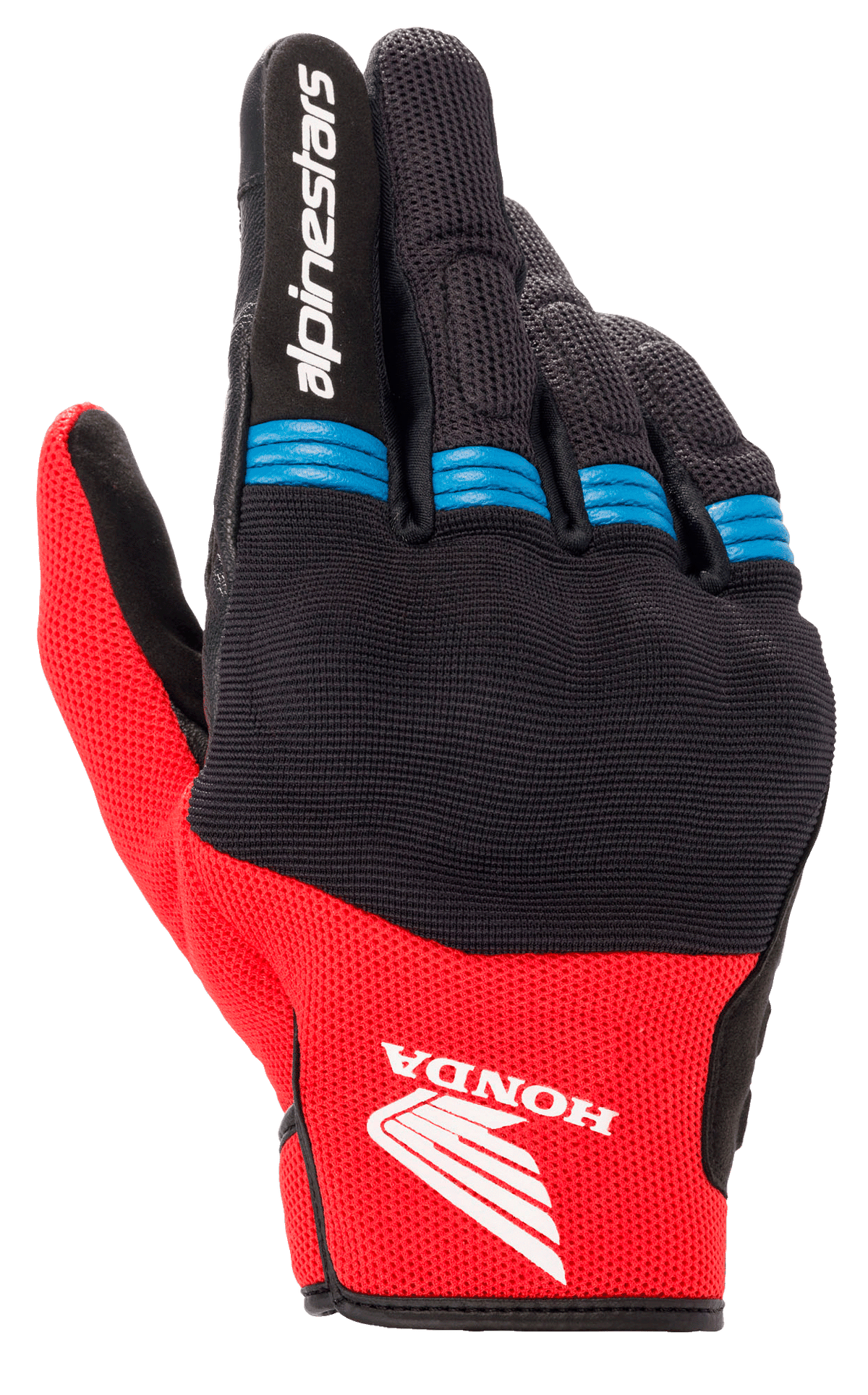 Alpinestars Honda Copper Glove, Motorcycle Gloves, Black and Bright Red with Blue accents, featuring Honda wing logo on the backhand, Alpinestars branding on the index finger, mesh construction with accordion finger details, short cuff urban style