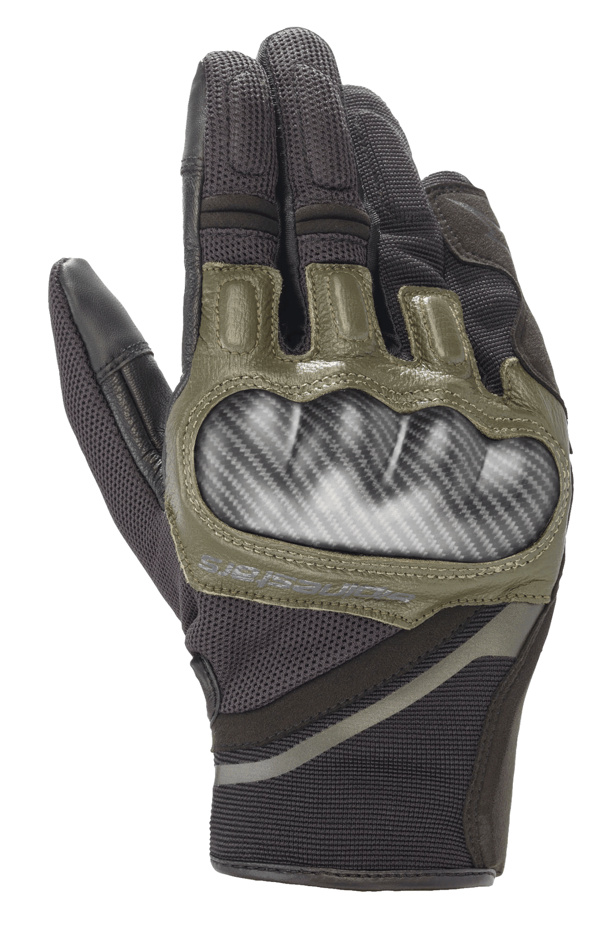 Alpinestars Chrome handschoenen, motorhandschoenen, zwart en bosgroen, voorzien van carbon-look harde knokkelbescherming, olijfgroene leren accenten en een duurzame multi-panel textielconstructie