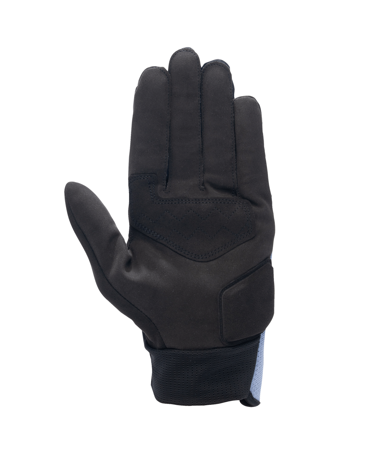 Alpinestars Stated Air handschoenen, handpalmaanzicht, Stonewash Blue Black, zwarte synthetische suède handpalm met versterkingen, geribbelde polssluiting, gestroomlijnd ontwerp voor stedelijk motorrijden in de zomer