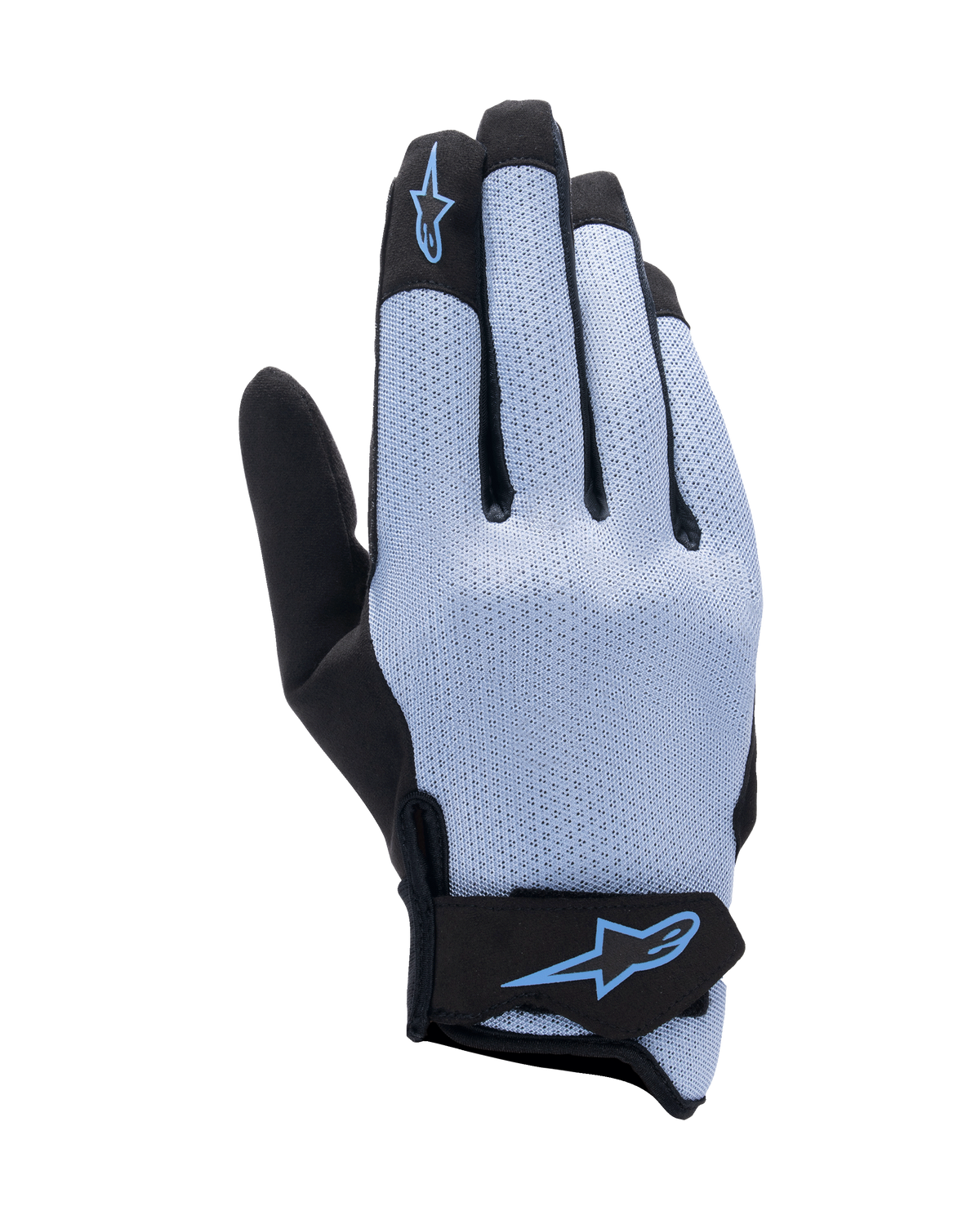 Alpinestars Stated Air handschoenen, motorhandschoenen, Stonewash Blue en zwart, stretch airprene bovenzijde met geperforeerde textuur, blauw sterlogo op de wijsvinger en polssluiting, lichtgewicht en ademend ontwerp voor zomerritten
