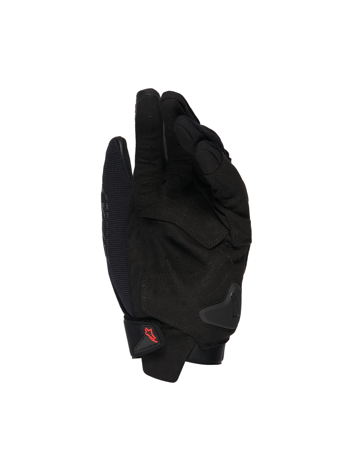 Alpinestars SP X 1 Handschoenen, zwarte motorhandschoenen, weergave van de handpalm met synthetisch lederen overlays, versterkte impactzones, TPR palm slider, korte manchetsluiting met rood logo, sportieve rijbescherming
