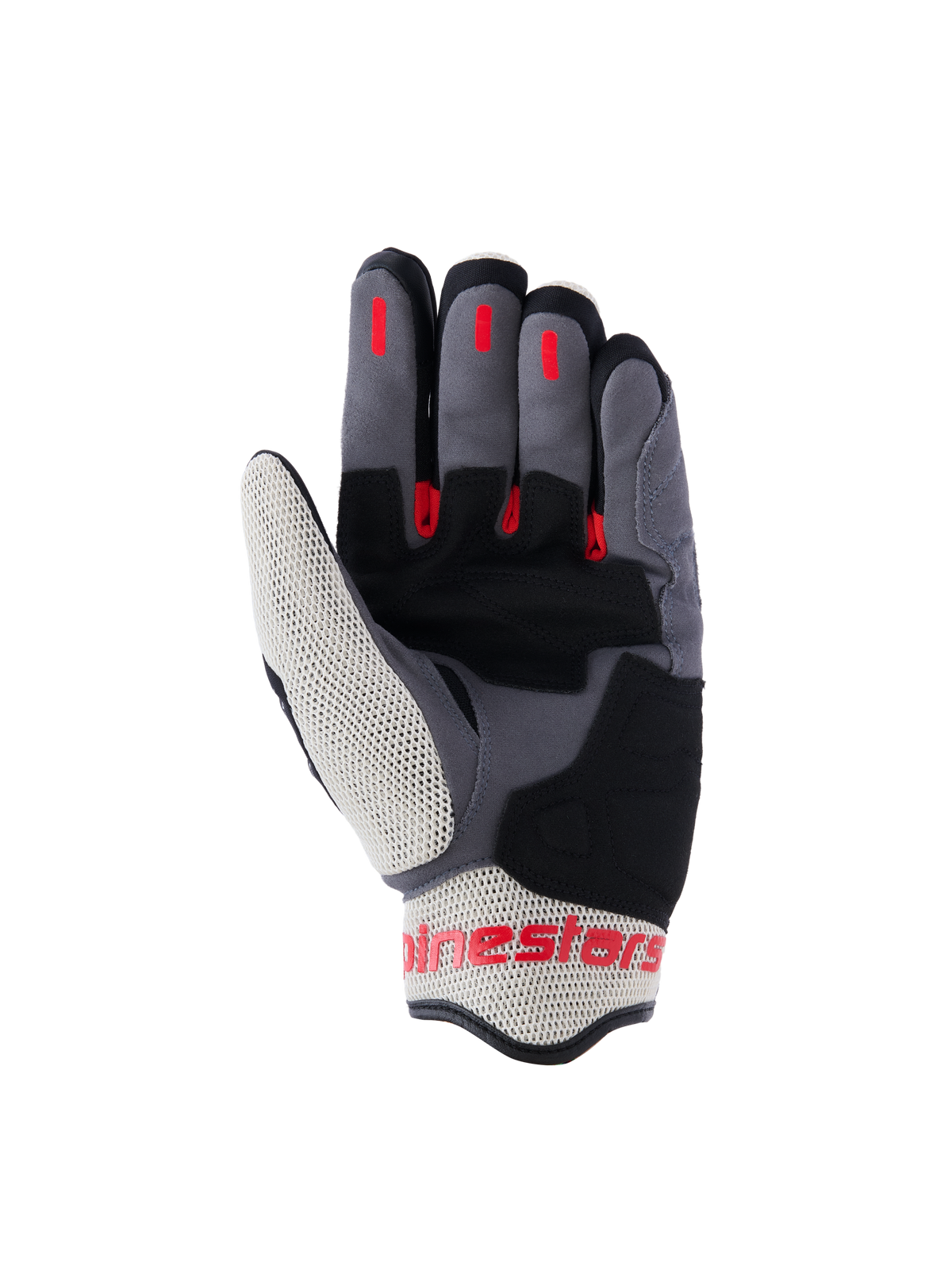 Alpinestars Mogress Airflow handschoenen, stedelijke motorhandschoenen, zwart, vlamrood en ecru, palmweergave met synthetische suède versterkingen, rode siliconen grip-inzetstukken op de vingers en ademende mesh-panelen op de duim en manchet.