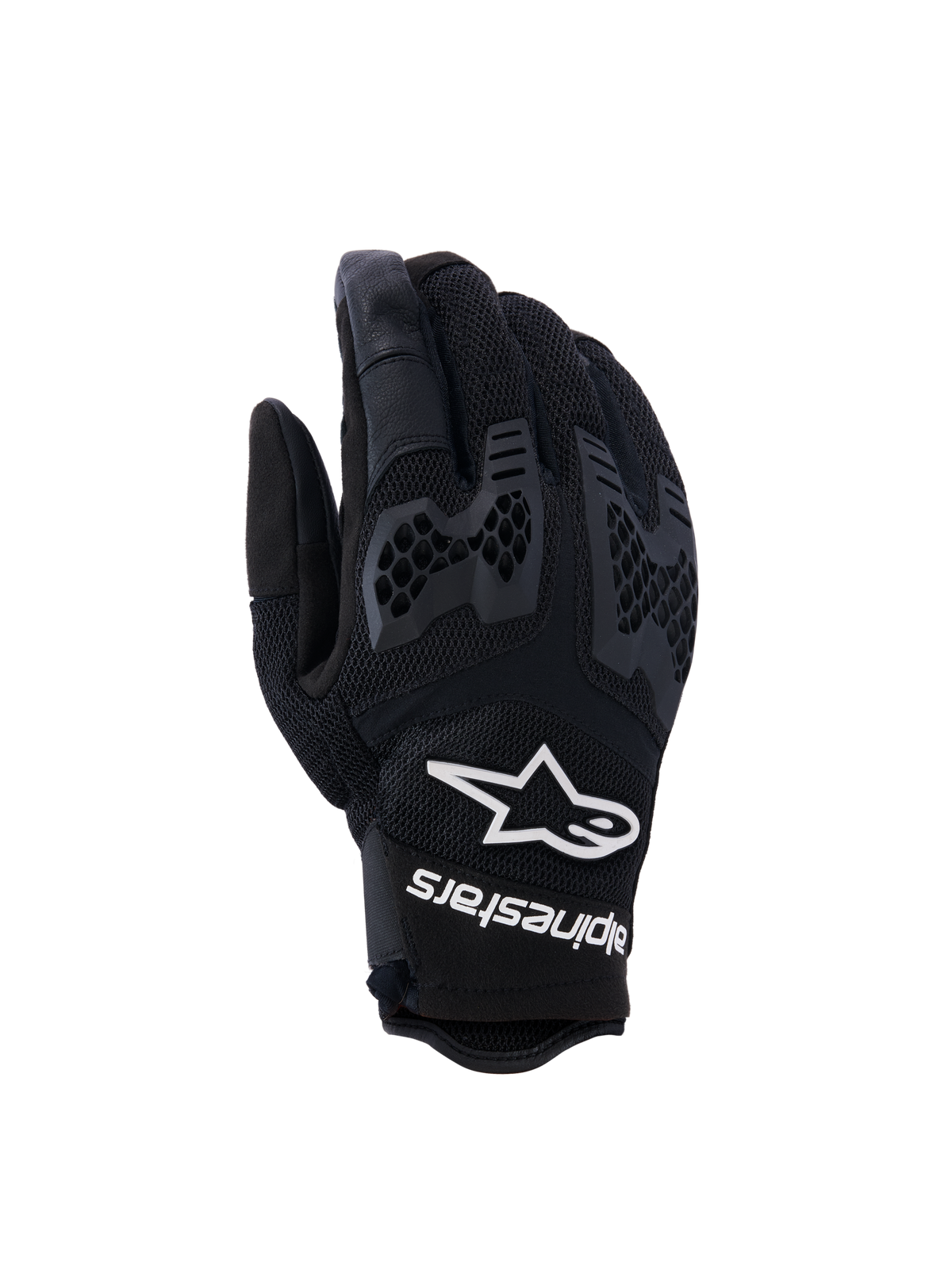 Alpinestars Manti Air Gloves, Motorcycle Riding Gloves, Black, featuring breathable mesh and textured honeycomb knuckle protection, white Alpinestars logo and text on the wrist, lightweight design for summer adventure riding