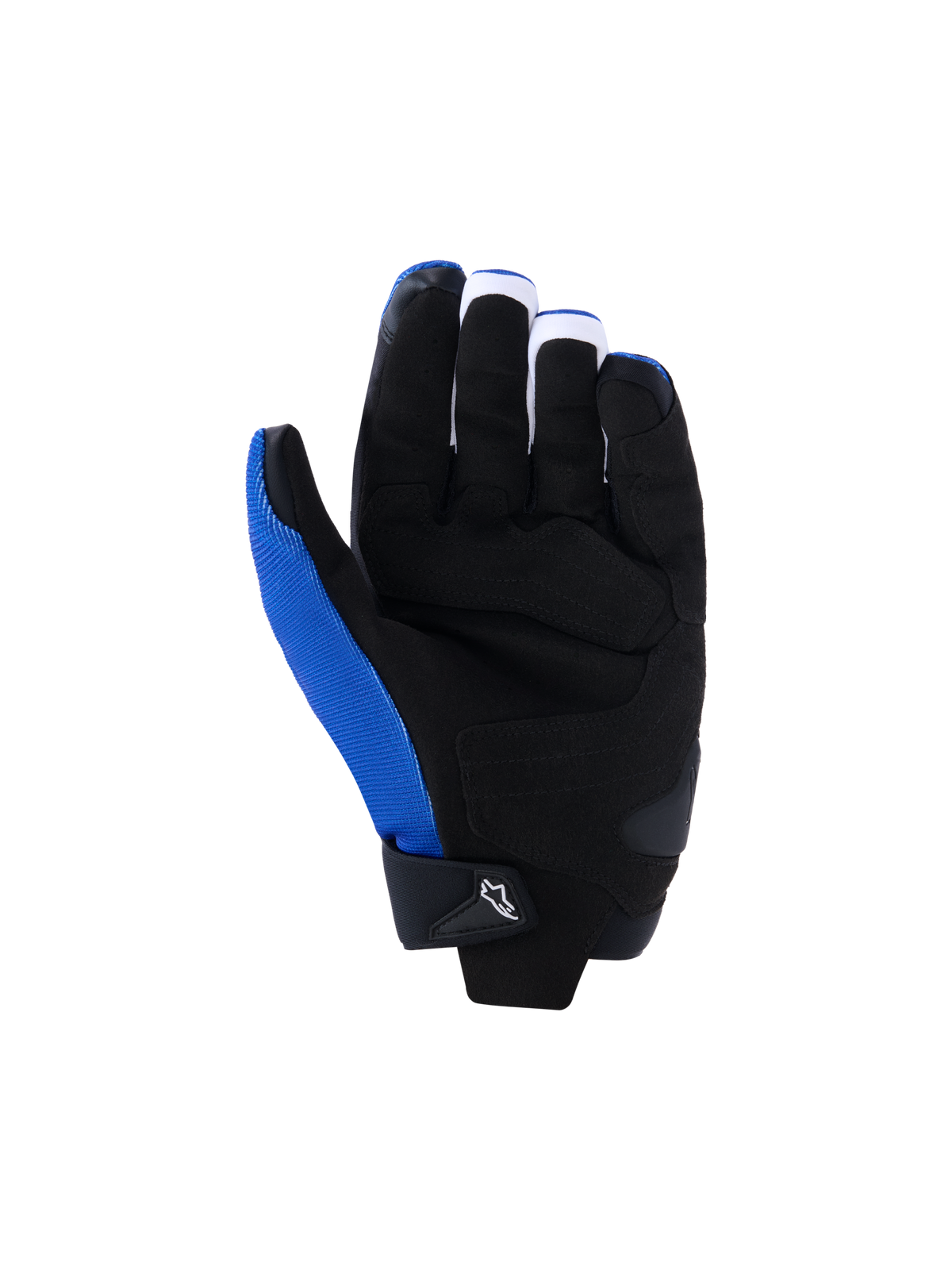 Alpinestars FQ20 SP X 1 handschoenen, motorhandschoenen, blauw, zwart en fluorrood, handpalmweergave met constructie van zwart synthetisch leer, versterkte grippanelen en impactzones, blauw textiel aan de duimzijde, strak sportief race-ontwerp
