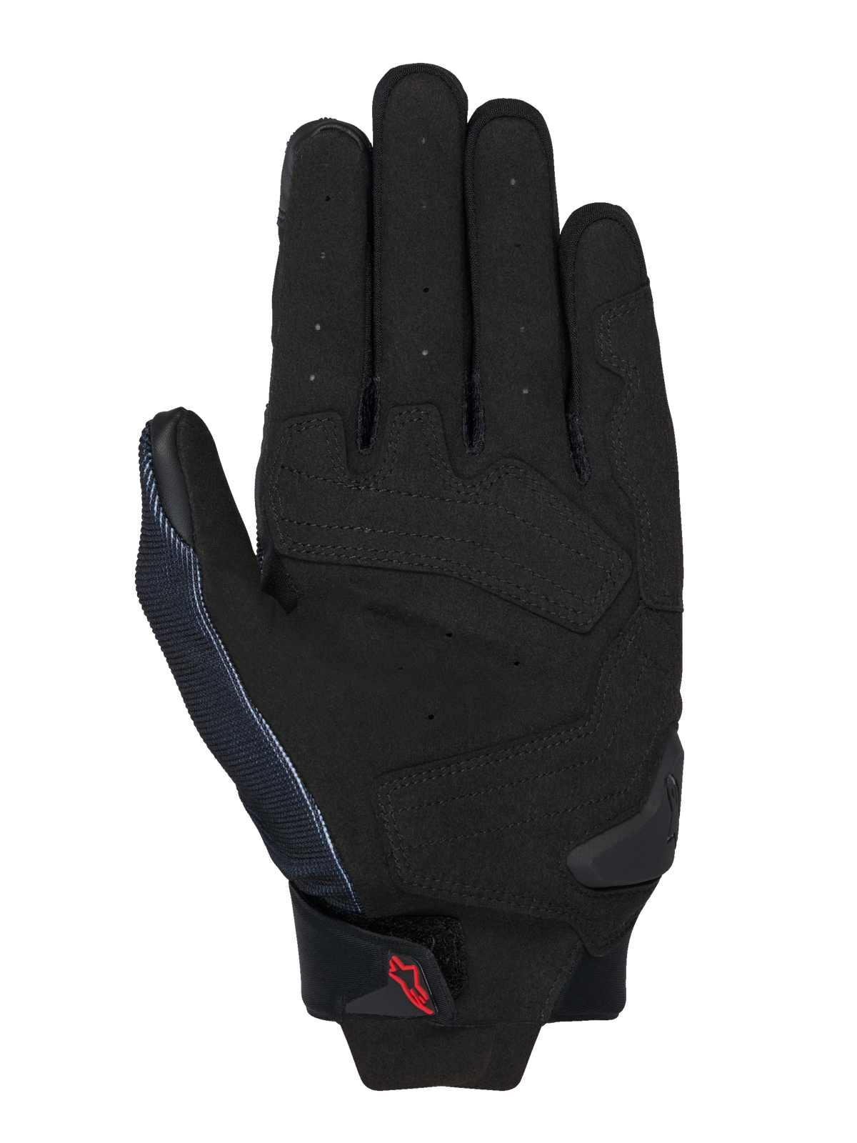 Alpinestars MM93 Spx 1 handschoenen, zwart, handpalmweergave met synthetisch lederen constructie, versterkte impactzones, geperforeerde vingers voor ventilatie, TPR palm slider en een klein rood Alpinestars-logo op de polsband