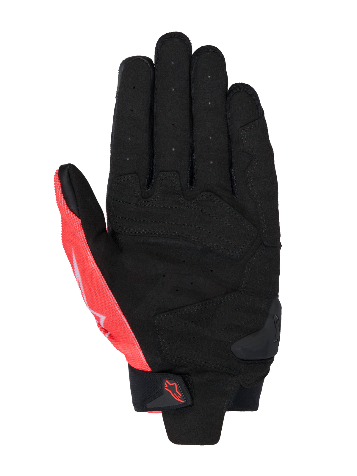 Alpinestars MM93 SP X 1 handschoenen, zicht op de handpalm, zwart en fluo rood, constructie van synthetisch leer met geperforeerde palm, versterkte secties, TPR-slider op de handpalm en klittenbandsluiting bij de pols met Alpinestars-logo