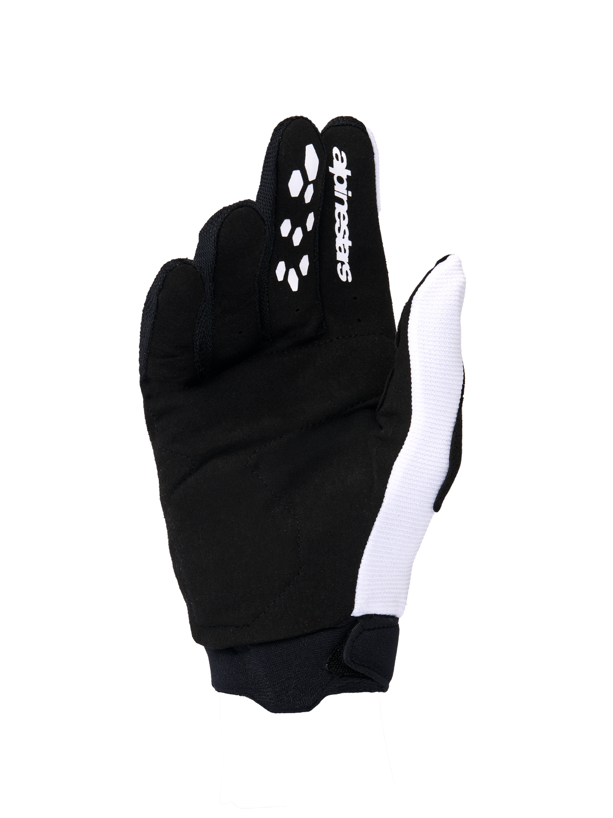 Alpinestars 2026 Stella Full Bore V2 dameshandschoenen, motorcross handschoenen, handpalmaanzicht in zwart en wit, met een constructie van synthetisch suède, siliconen grippatronen op de vingers voor controle over de hendels, wit logo en een stevige neopreen manchet