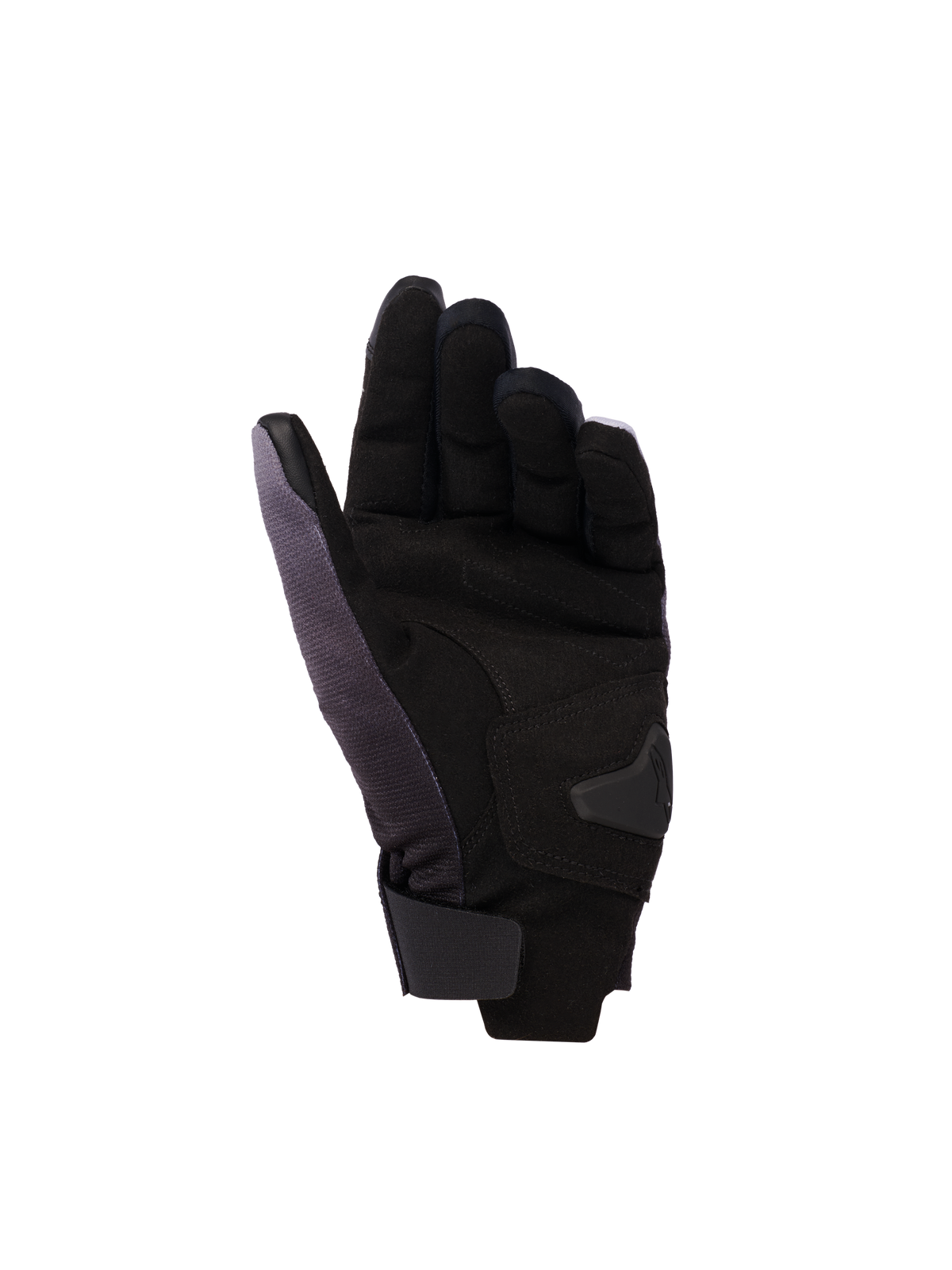 Alpinestars Reef Women's v2 dames motorhandschoenen, Grijs Zwart Roze Fluo, handpalm-weergave met synthetisch suède en gewatteerde verstevigingen, korte manchet met klittenbandsluiting en geleidend leer op de wijsvinger en duim voor touchscreen-functionaliteit.