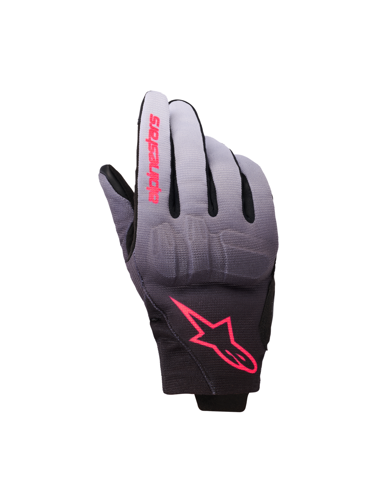 Alpinestars Reef Women's V2 handschoenen, motorhandschoenen, grijs, zwart en roze fluo, textiel met een kleurverloop van grijs naar zwart en roze logo-accenten, geïntegreerde knokkelbescherming en kort manchet, eigentijdse urban motoruitrusting voor dames