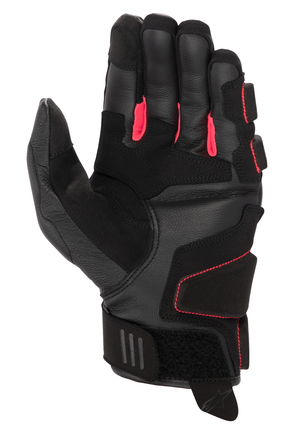 Alpinestars Women Stella Phenom Leather Air Glove, Motorcycle Gloves, Black and Diva Pink, palm side view featuring reinforced leather construction, bright pink finger gussets, and short cuff with adjustable velcro closure