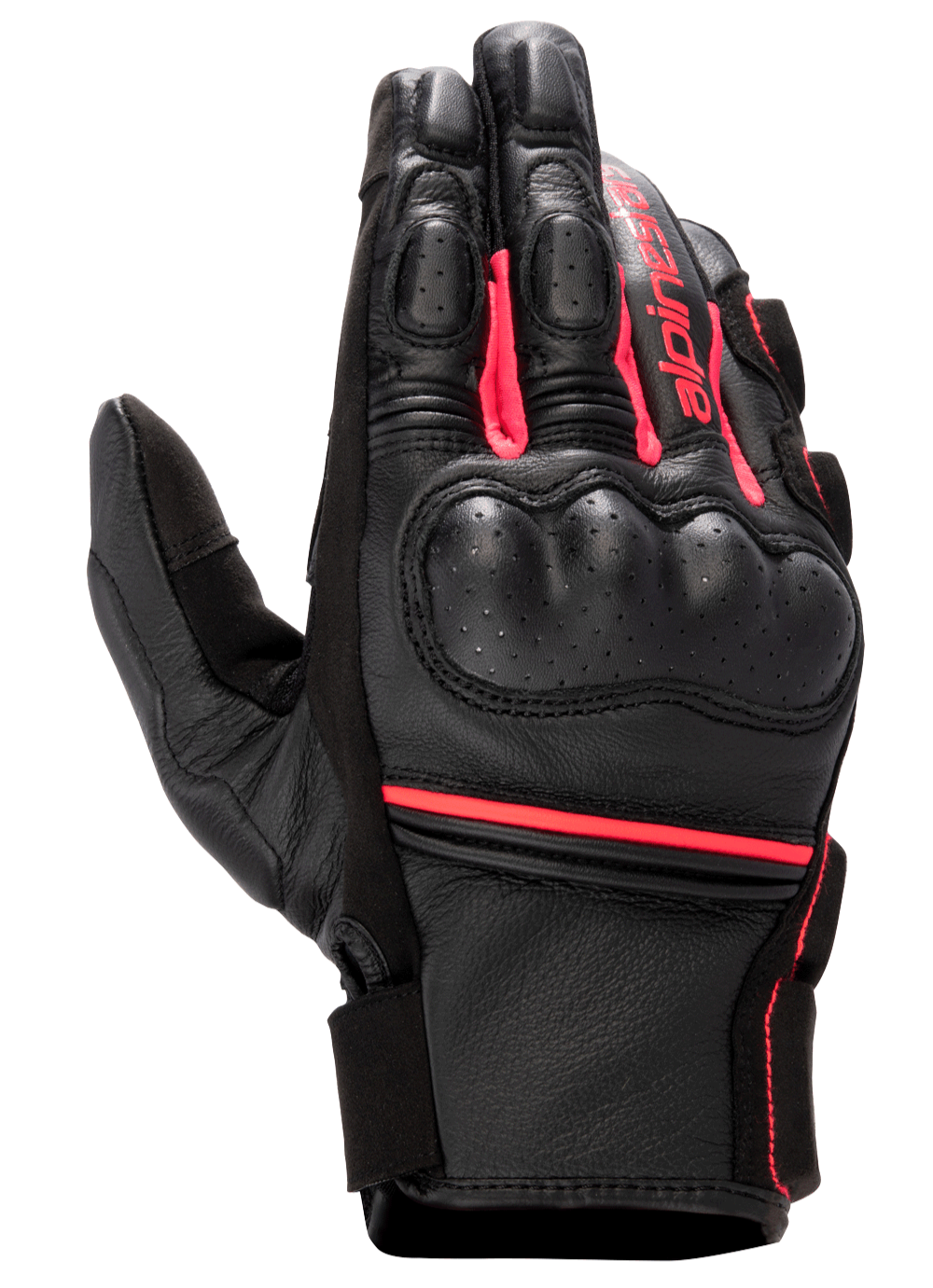 Alpinestars Stella Phenom Leather Air Glove, Women's Motorcycle Glove, Black and Diva Pink, hard knuckle protector, perforated leather construction, short cuff with Alpinestars branding, sport performance riding gear