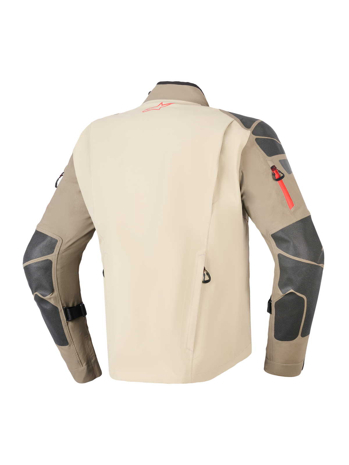 Alpinestars Nazca 3L GORE-TEX PRO Jas, Walnut Rock Brown, achteraanzicht met beige rugpaneel en bruine mouwen met donkergrijze verstevigingen op de schouders en ellebogen, rode rits- en logo-accenten, duurzame adventure motor touring kleding