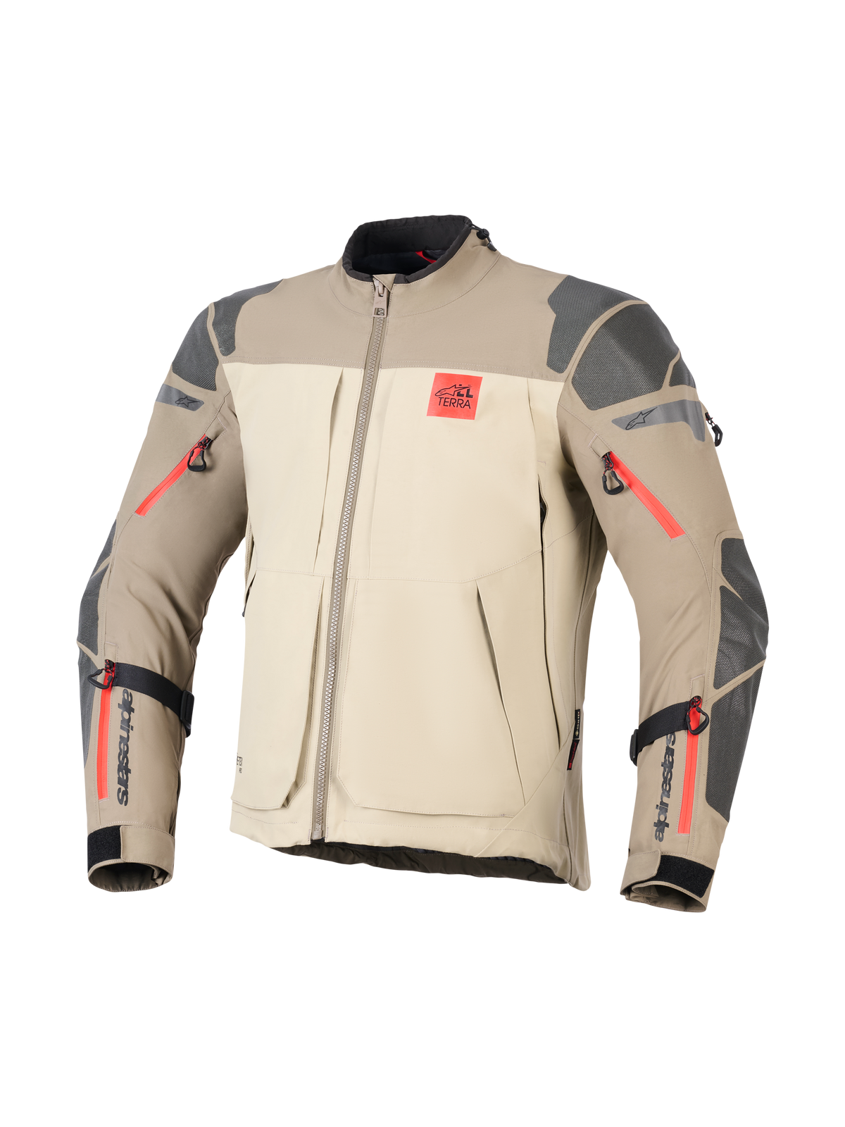 Alpinestars Nazca 3L GORE-TEX PRO Jas, Walnut Rock Brown, adventure motorjas, beige en lichtbruine kleurvlakken, grijze getextureerde verstevigingen op schouders en ellebogen, felrode ritsaccenten, rood 'ALL TERRA' logo op de borst, zwarte Alpinestars-branding op de onderarmen, duurzame textielconstructie