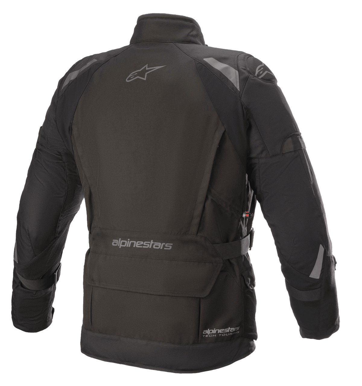 Alpinestars Ketchum GORE-TEX Jas, motorjas, zwart, achteraanzicht met een verlengde touring-snit, reflecterende details op de schouders en armen, met Alpinestars-logo's op de bovenrug en onderaan de taille.