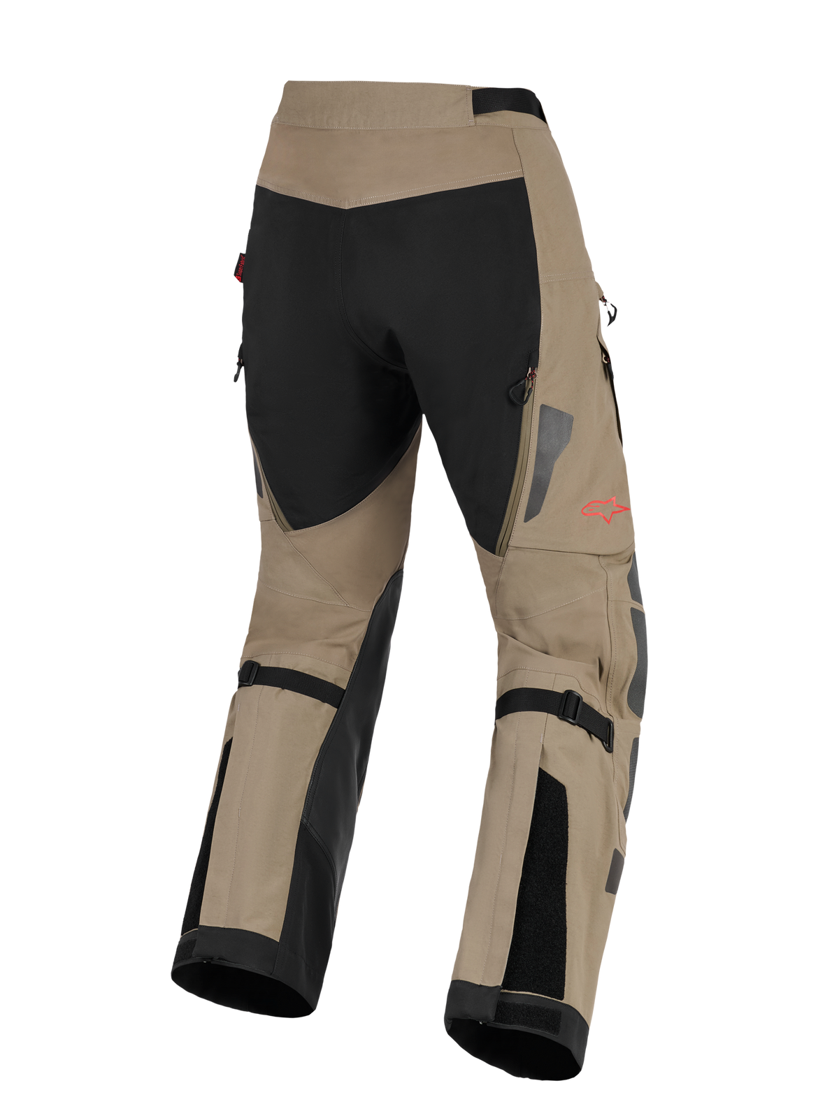 Alpinestars Nazca 3L GORE-TEX PRO broek, adventure motorbroek, Walnut en zwart, achteraanzicht met zwart zitvlak en walnut onderbenen, rood sterlogo aan de zijkant, zwarte kuitverstelbanden en reflecterende zilveren details