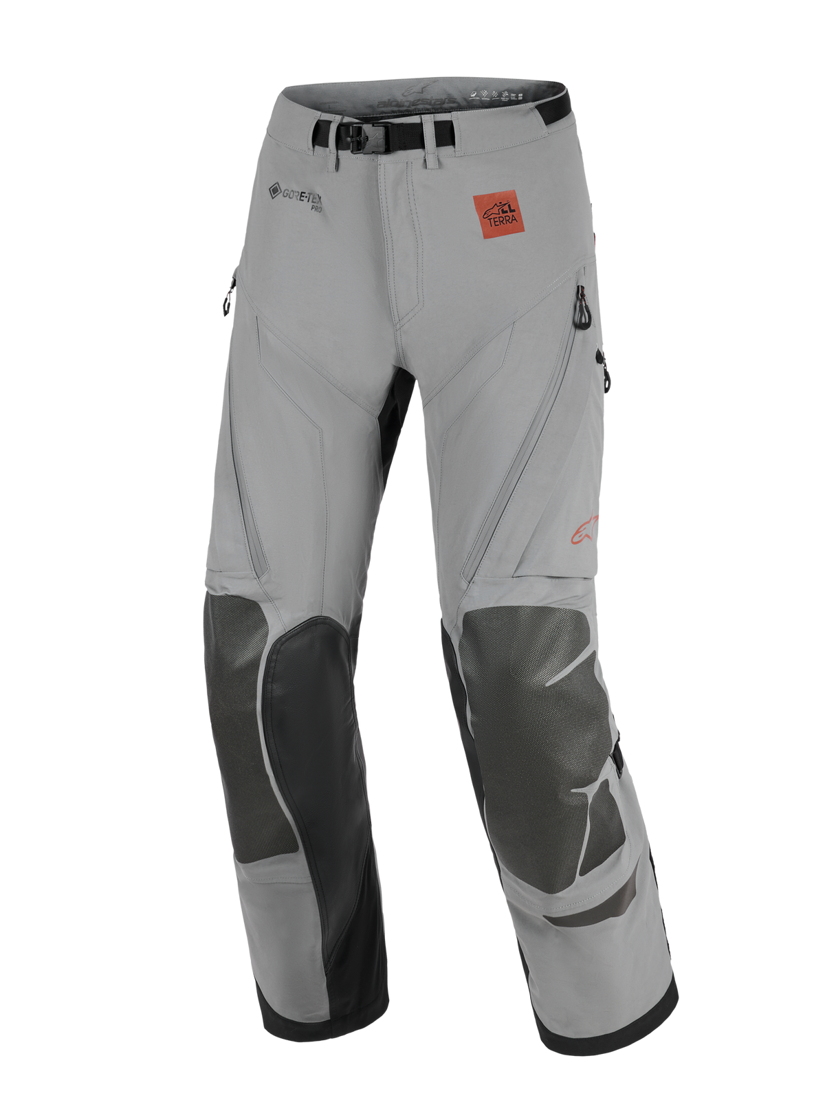 Alpinestars Nazca 3L GORE-TEX PRO broek, adventure motorbroek, donkergrijs en zwart, voorzien van verstevigde kniepanelen, GORE-TEX PRO-branding en All Terra-logo, technisch ontwerp voor off-road en touring