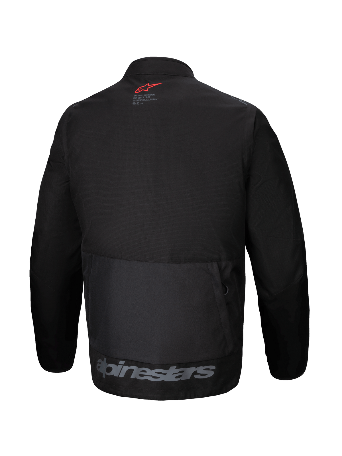 Alpinestars Pro-Dura Jas, achteraanzicht, zwarte textiel enduro-jas, grote opbergzak aan de achterkant, rood sterlogo op de nek, grijze Alpinestars-branding op de onderste zoom, robuust off-road ontwerp