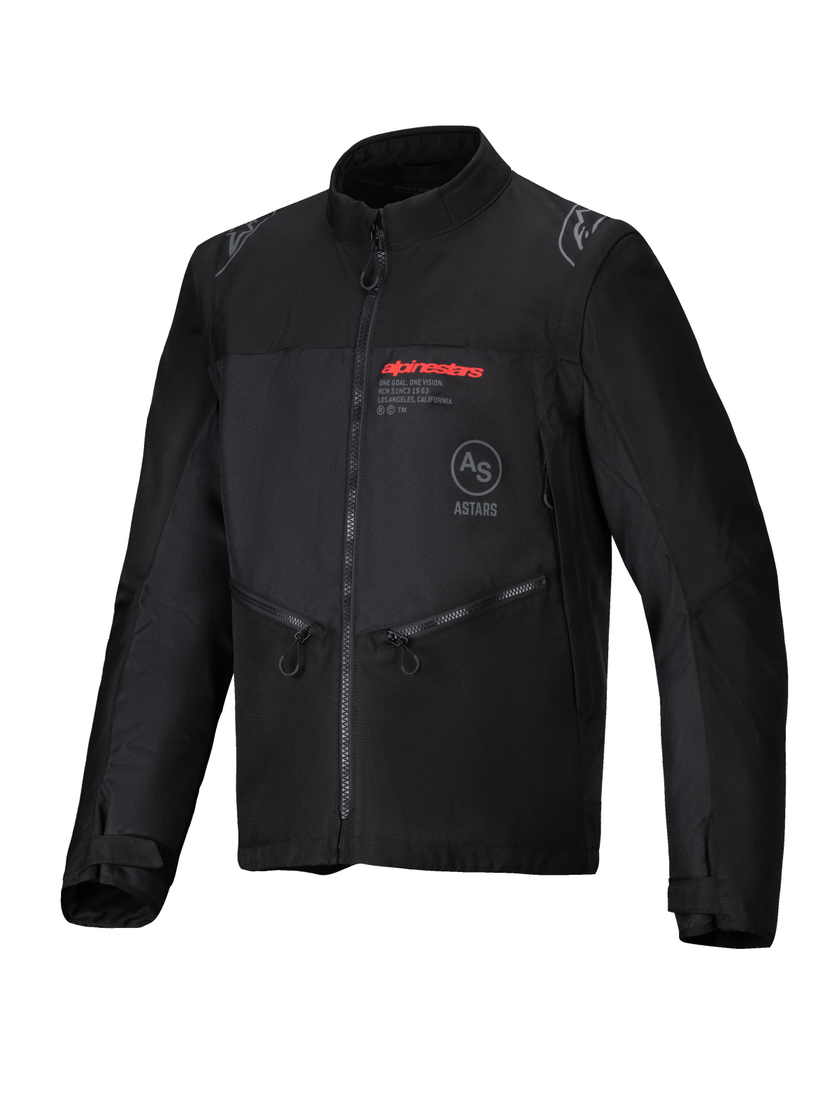 Alpinestars Pro-Dura Jas, zwarte off-road motorjas van duurzaam ripstop textiel, rood Alpinestars-logo op de borst, schuine zakken met rits en sterlogo-accenten op de schouders