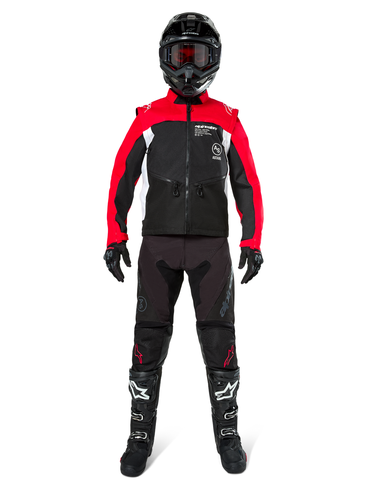 Motorcrosser in complete off-road uitrusting, Alpinestars Pro-Dura jas in zwart, felrood en wit, zwarte broek met rode accenten, zwarte helm met rode crossbril, zwart-witte laarzen, gecoördineerde outfit voor enduro- en trailrijden