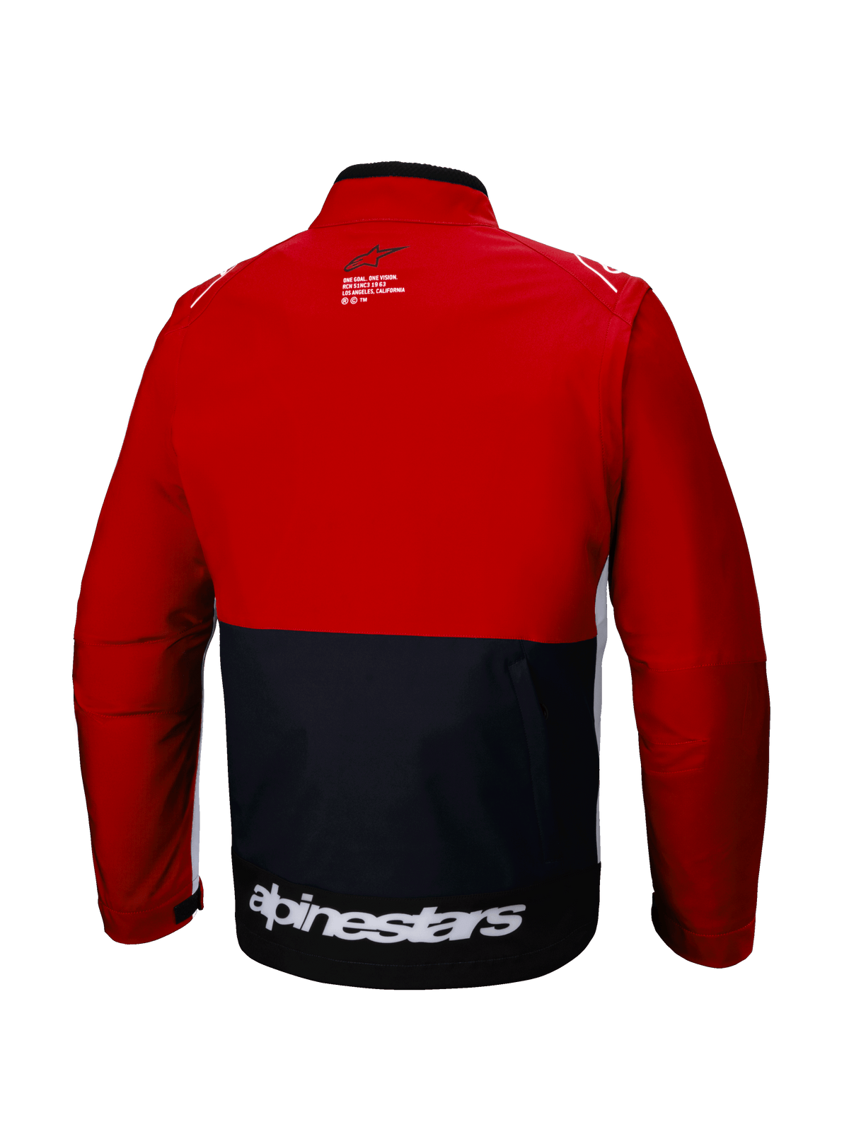 Alpinestars Lite-Dura Softshell Jacket, Back View, Off-Road Enduro Jacket, Black and Bright Red with White accents, bold white Alpinestars wordmark across the lower back, color-blocked design, functional rear storage pocket, modular softshell for motocross and trail riding.