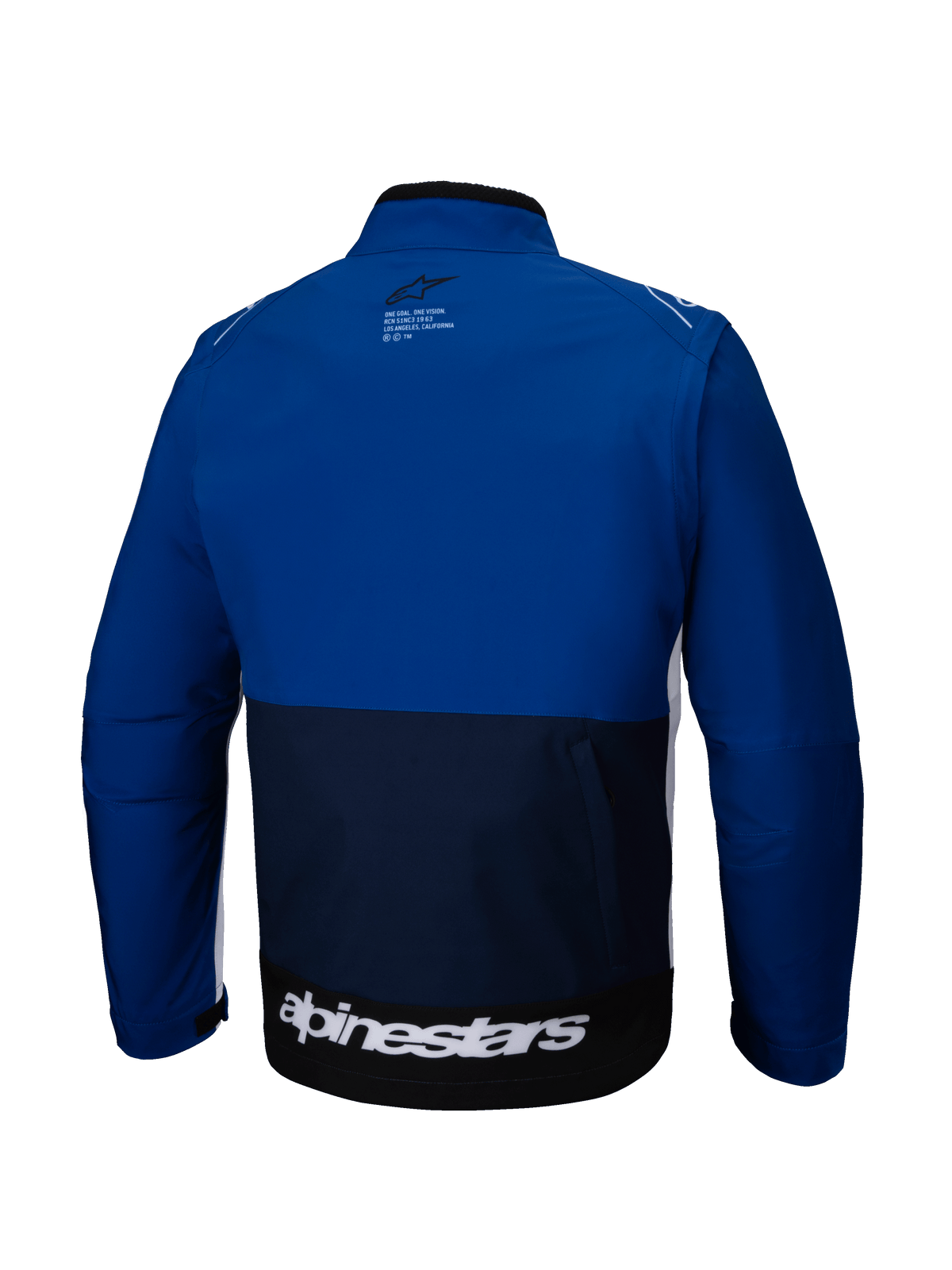 Alpinestars Lite-Dura Softshell Jas, achteraanzicht, navy, felblauw en wit, off-road motorjas met color-block ontwerp, groot wit logo op de onderste zoom aan de achterzijde en een klein logo op de bovenrug.