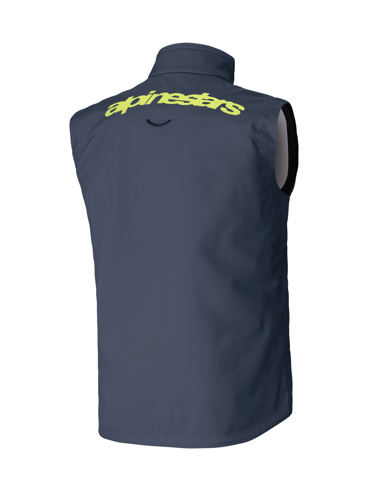 Alpinestars Techstar Softshell Vest, donkergrijs, achteraanzicht, met opvallend geel Alpinestars-woordmerk op de schouders, mouwloos winddicht ontwerp, motorcross en off-road uitrusting
