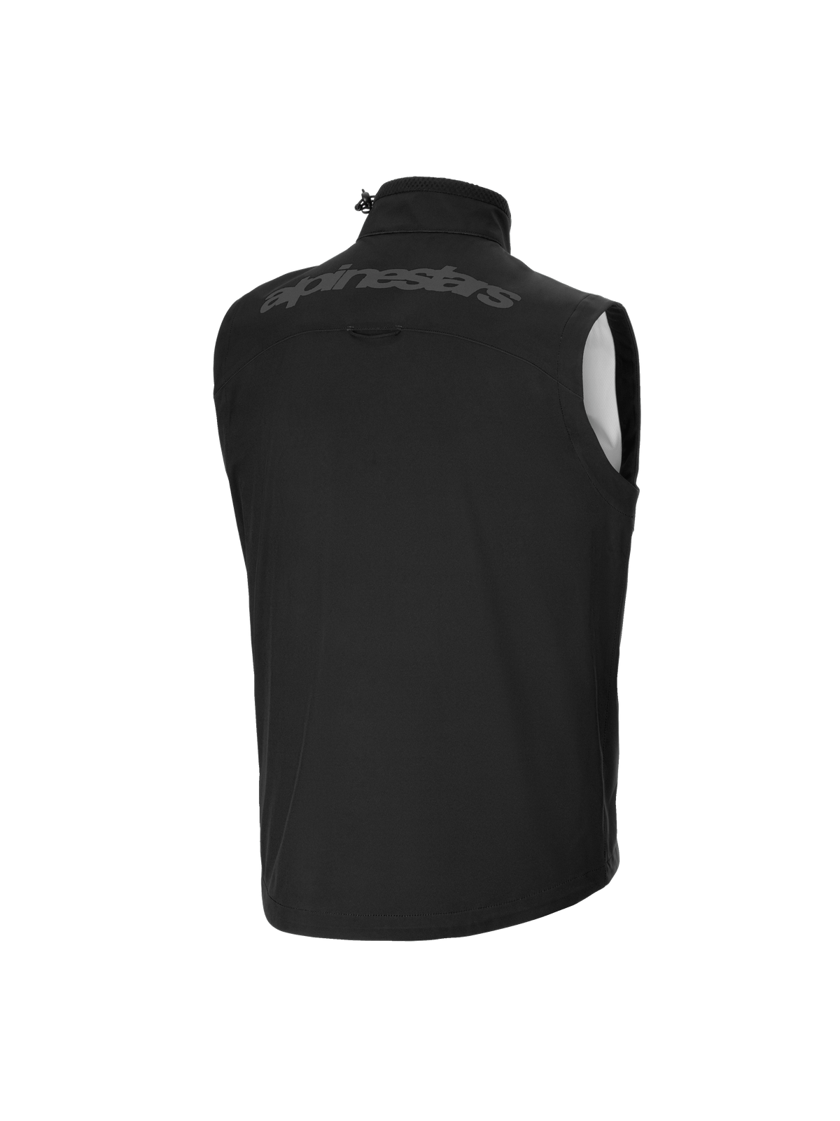 Alpinestars Youth Techstar Softshell Vest, motorcrossvest, zwart, achteraanzicht, met ton-sur-ton Alpinestars-woordmerk op de bovenrug, hoge kraag met trekkoordversteller, lichtgewicht winddicht softshell-materiaal.