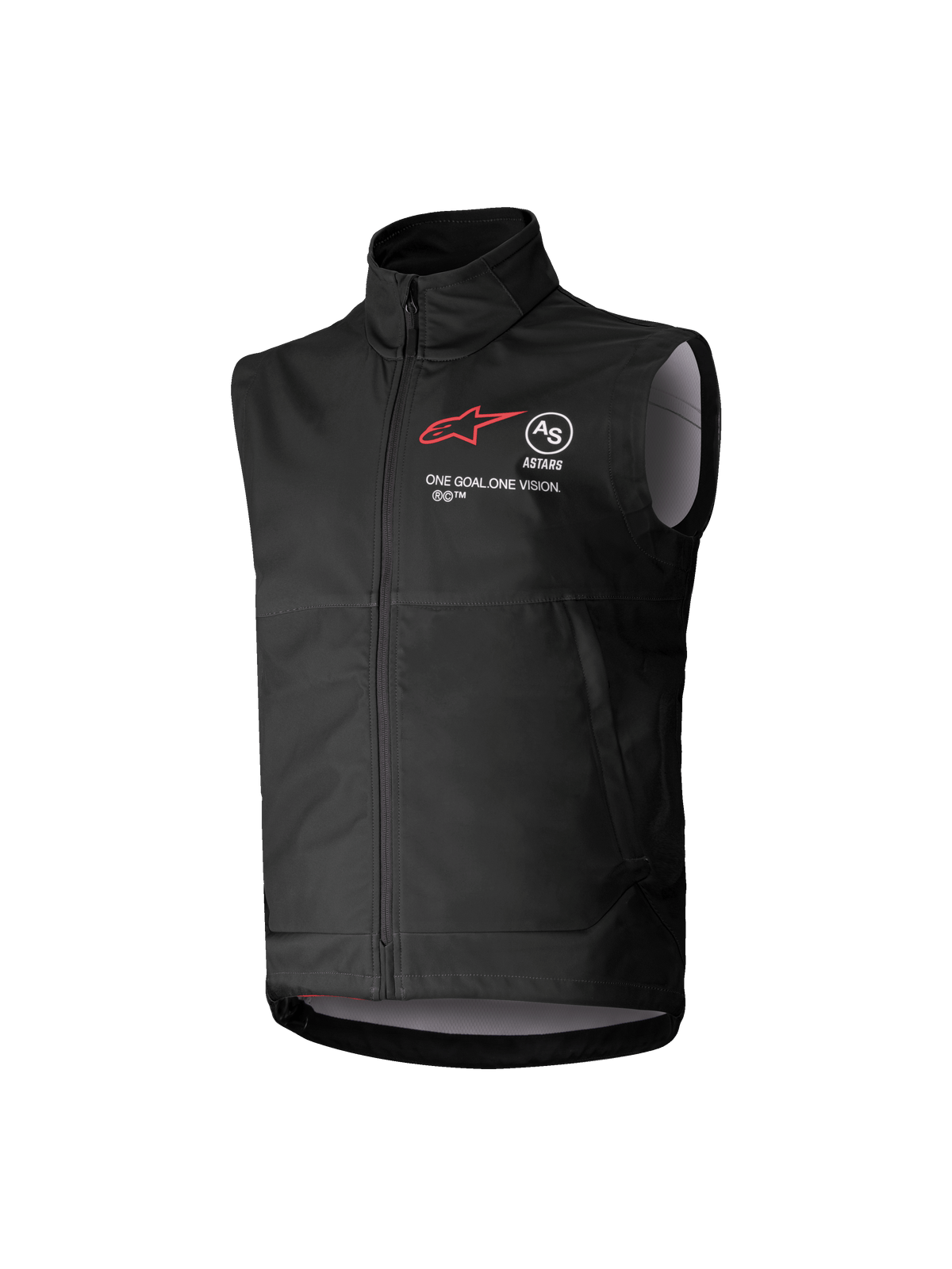 Alpinestars Youth Techstar Softshell Vest, zwart, mouwloos motorcrossvest met rood sterlogo, hoge kraag, ritssluiting aan de voorzijde, "ONE GOAL. ONE VISION." branding, lichtgrijze binnenvoering, jeugd motorsportkleding