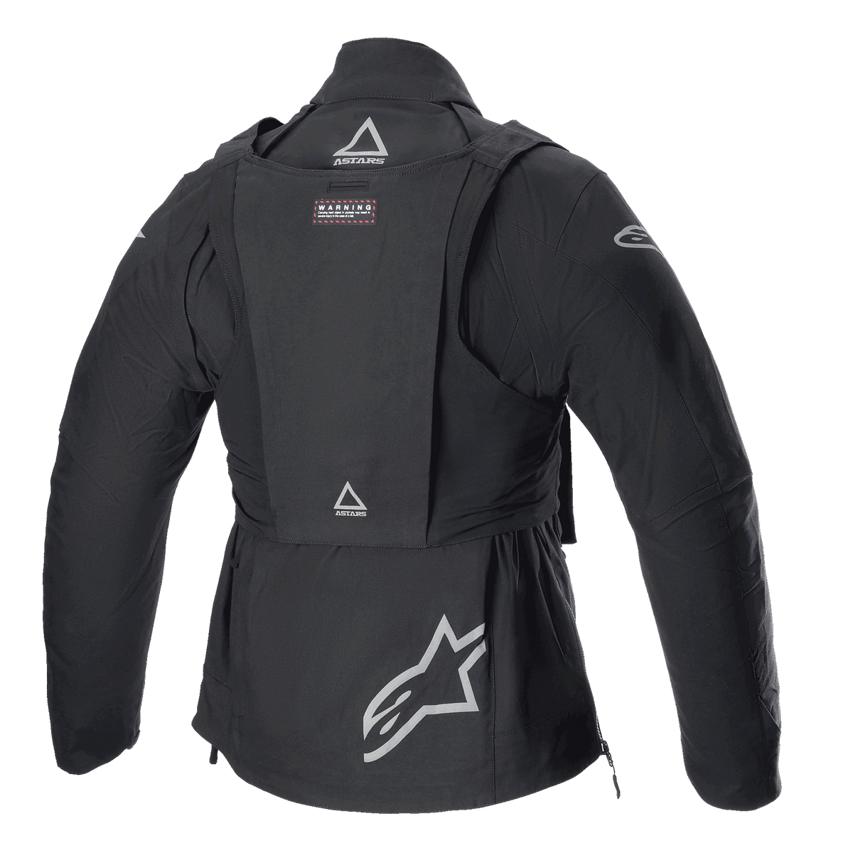 Alpinestars Techdura jas met Tactical Pack, off-road motorjas, Black Reflex, achteraanzicht met afneembaar tactisch vest met ASTARS-logo's, groot sterlogo op de onderrug, robuuste modulaire constructie voor enduro-rijden