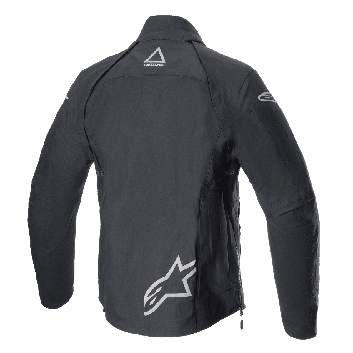 Alpinestars Techdura Jacket, Black Reflex, achteraanzicht van een textiele off-road motorjas, met reflecterende Alpinestars-logo's op de onderrug en nek, robuust ontwerp voor enduro- en adventure-rijden