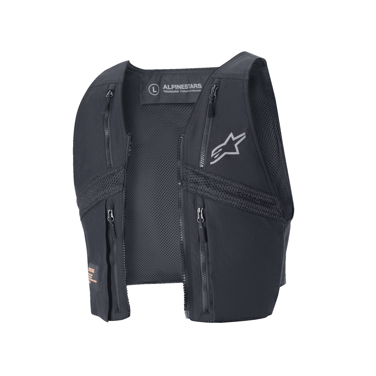 Alpinestars Techdura Tactical Vest, zwart, afneembaar endurovest voor de Techdura Jacket, voorzien van vier borstzakken met ritssluiting, mesh-panelen voor ventilatie en een grijs Alpinestars-logo