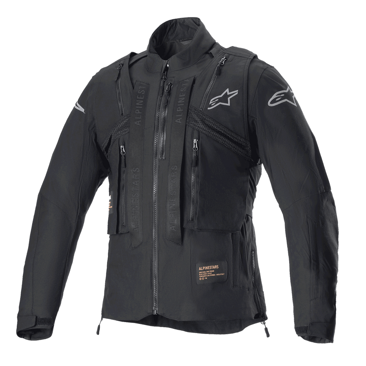 Alpinestars Techdura Jacket, Black Reflex, off-road motorjas met geïntegreerd tactisch vest, vooraanzicht, voorzien van meerdere utility-zakken, robuuste textielconstructie en zilveren Alpinestars-logo's, ontworpen voor enduro-rijden