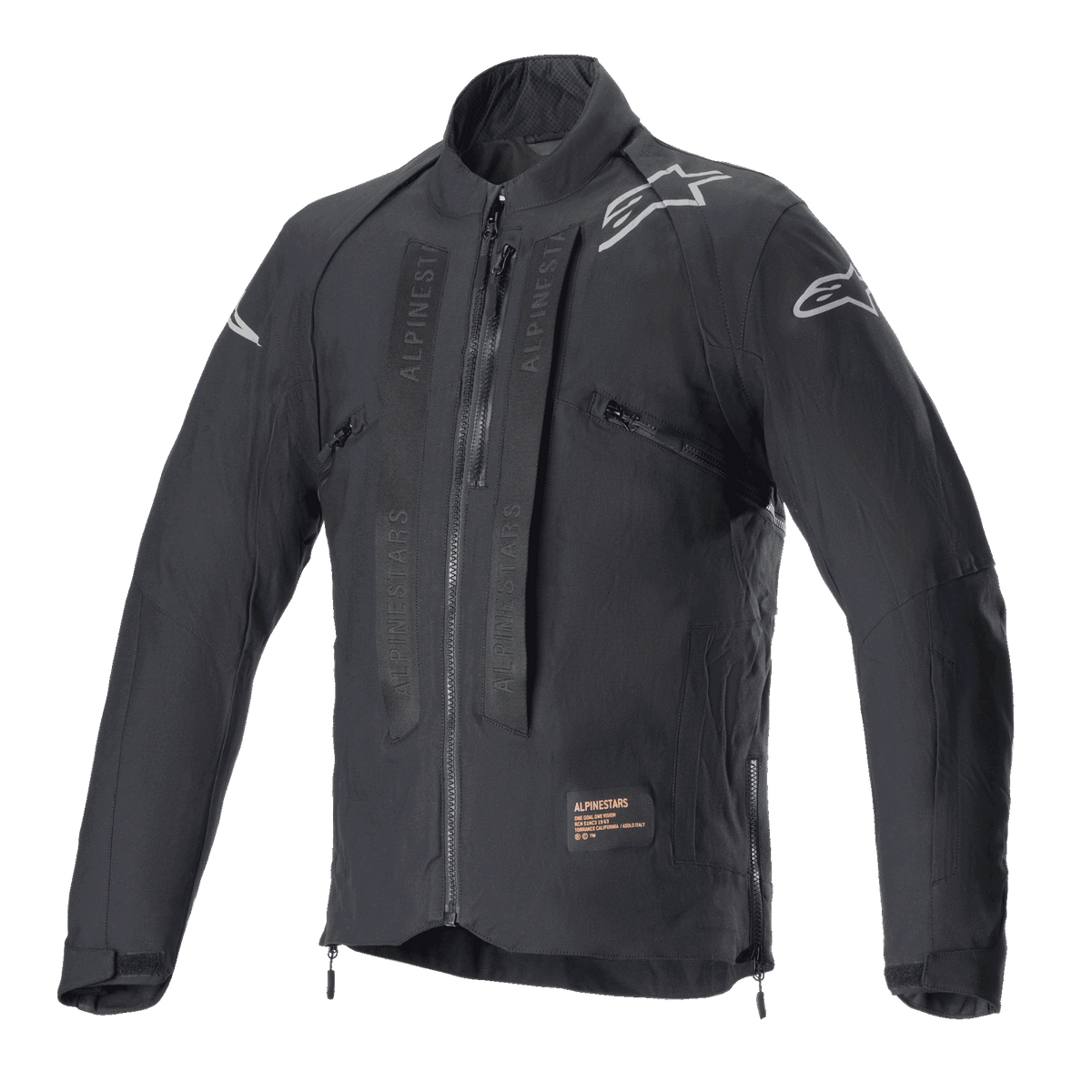 Alpinestars Techdura jas, Black Reflex off-road motorjas, met witte sterlogo's op de schouders, ton-sur-ton Alpinestars-branding op de borstpanelen, ritssluiting aan de voorzijde en duurzame textielconstructie, technisch enduro-ontwerp.