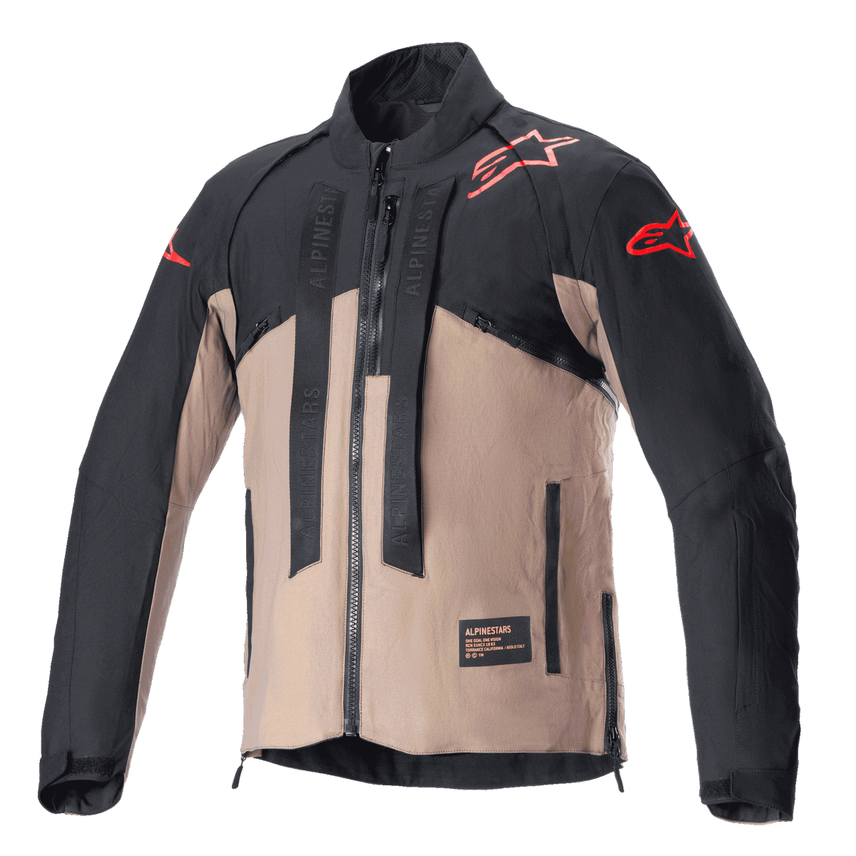 Alpinestars Techdura jas, off-road motorjas, Black Falcon Brown, tweekleurig ontwerp met rode sterlogo's op de schouders en mouwen, verticale banden met Alpinestars-merknaam op de borst, duurzaam textielmateriaal