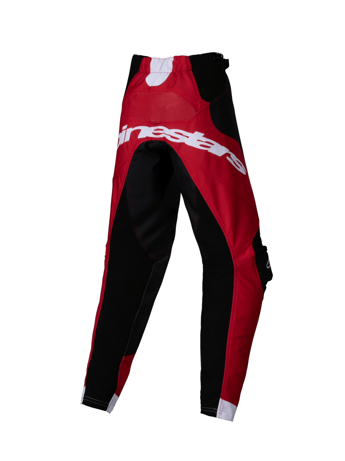 Alpinestars 2025 Kids Racer Veil broek, motorcrossbroek, zwart en felrood, achteraanzicht met groot wit Alpinestars-logo, technisch multi-paneel ontwerp voor off-road rijden