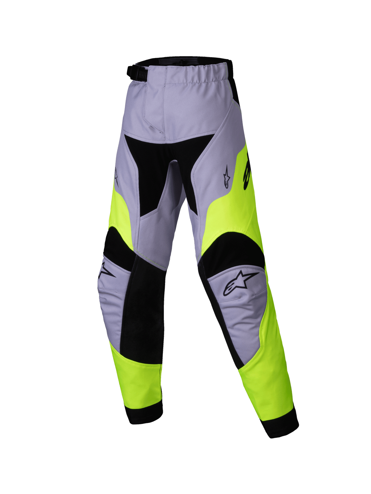 Alpinestars 2025 Kids Racer Veil Pants, kinder motorcrossbroek, grijs en neongeel, technisch multi-panel ontwerp met zwarte accenten, Alpinestars sterlogo's op de knieën, duurzaam textiel voor off-road racen