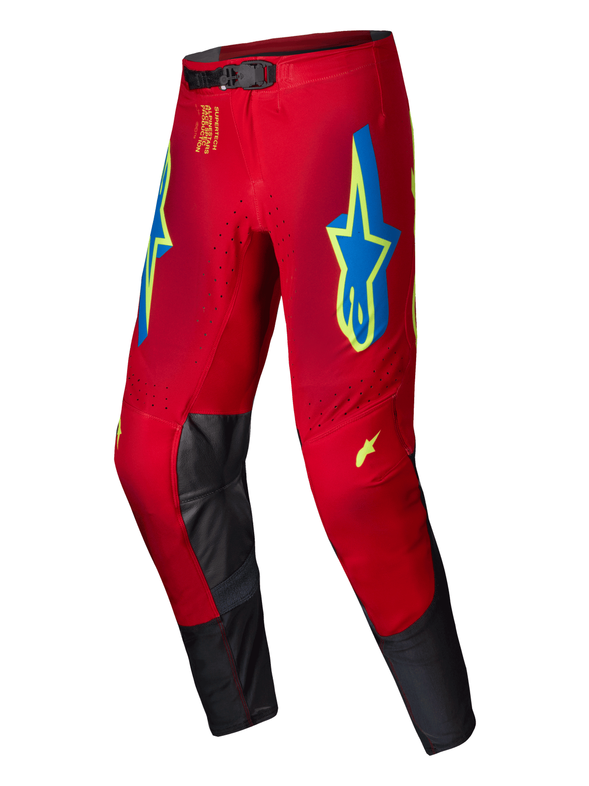 Alpinestars 2025 Supertech Maker Pants, Motocross Pants, Bright Red with Yellow Fluo and Blue accents, featuring large star logos on the thighs and black leather inner knee panels, magnetic waist closure, professional off-road racing gear
