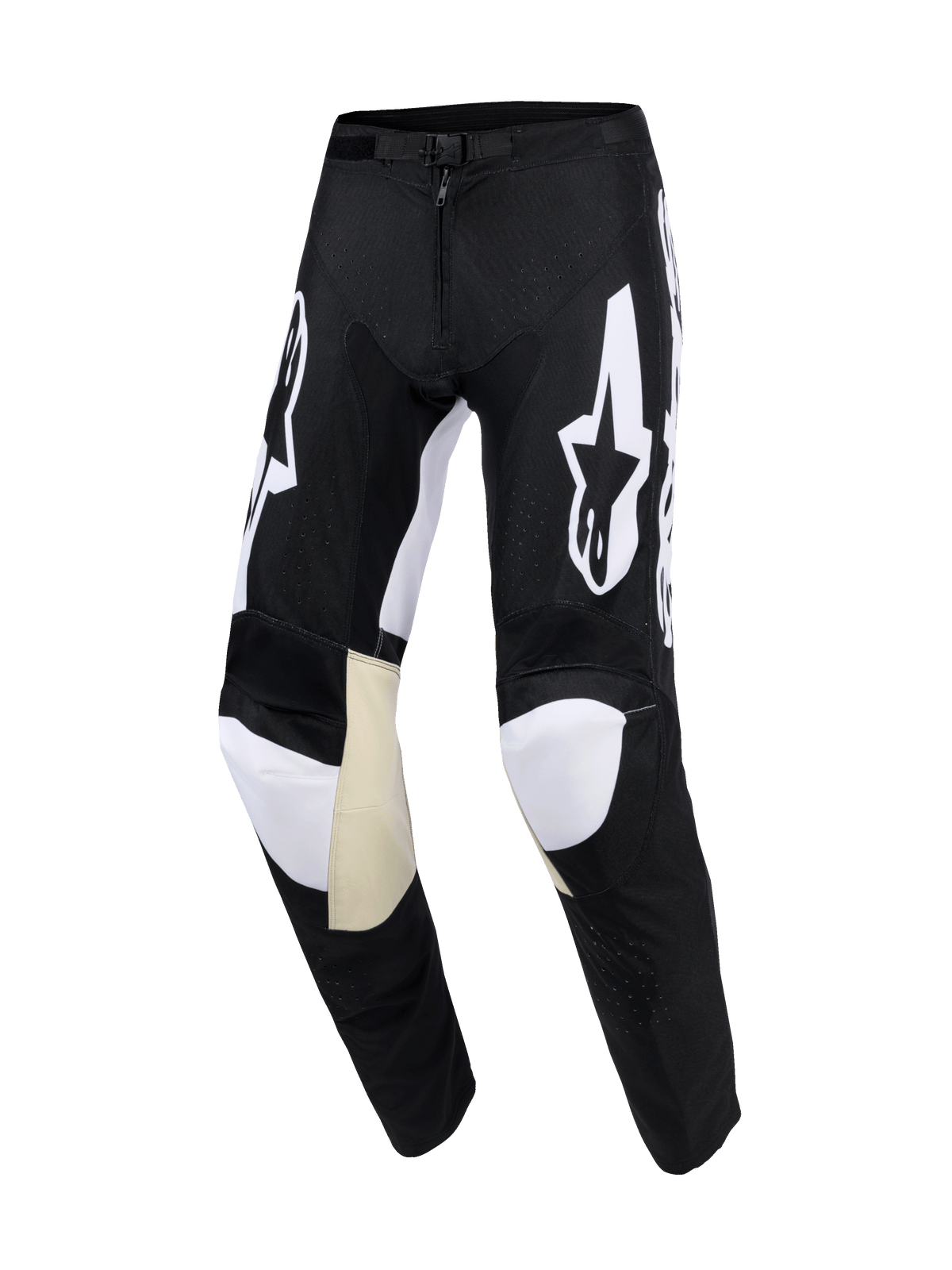 Alpinestars 2026 Racer Air Riway Pants, motorcrossbroek, zwart en wit, voorzien van witte Astars-logo's op de dijen, beige lederen binnenkniepanelen, lasergesneden perforaties voor luchtstroom en een voorgevormd atletisch ontwerp.