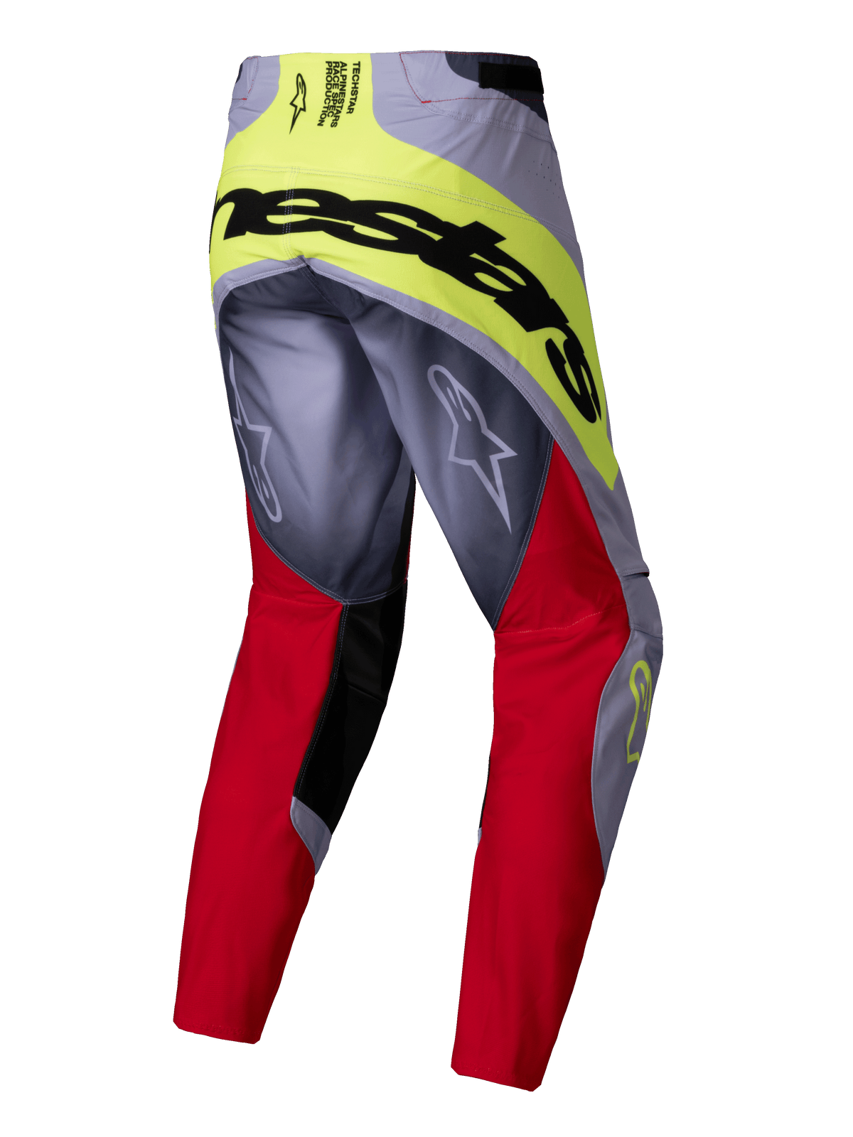 Alpinestars 2025 Techstar Melt broek, motorcrossbroek, felrood en grijs met neongele accenten, achteraanzicht met groot zwart Alpinestars-logo op het zitvlak, Astars-logo's op de benen, duurzaam multi-materiaal ontwerp voor off-road racen