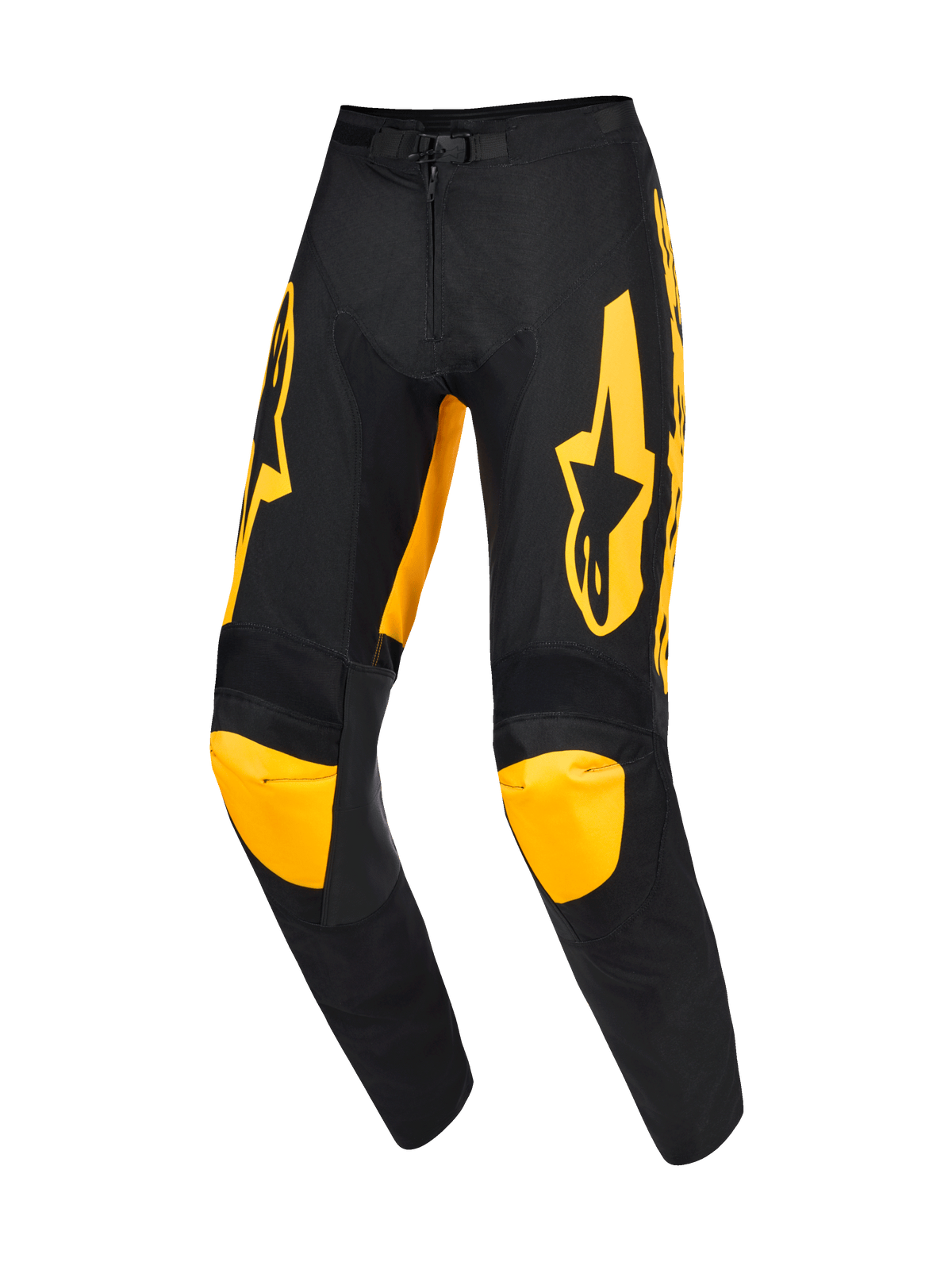 Alpinestars 2026 Racer Riway broek, motorcrossbroek, geel en zwart, met opvallende gele logo's op de dijbenen en gele kniepanelen, ergonomisch voorgevormd ontwerp, duurzame polyfabric constructie voor professioneel off-road racen