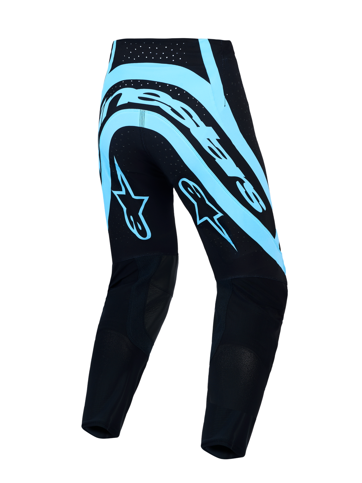 Alpinestars Supertech Vesta motorcrossbroek, herenmodel, zwart en turkoois, atletische racepasvorm met stretch rip-stop en geventileerde Stretchnet-zones.