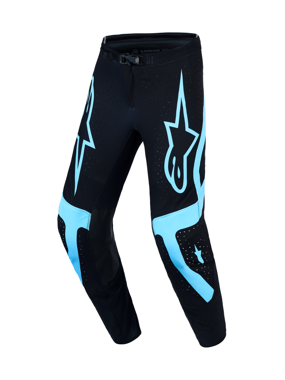Alpinestars Supertech Vesta broek, motocrossbroek voor heren, maat 32, zwart en turquoise, atletische racepasvorm met geventileerde stretch rip-stop-stof