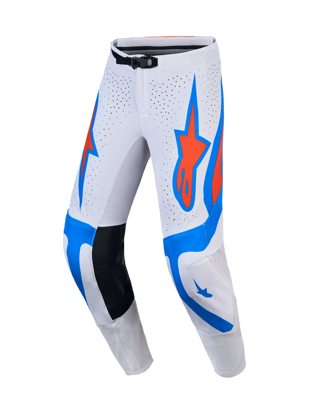 Alpinestars Supertech Vesta heren motocrossbroek in wit, lichtlila en kardinaalrood met geperforeerde panelen.