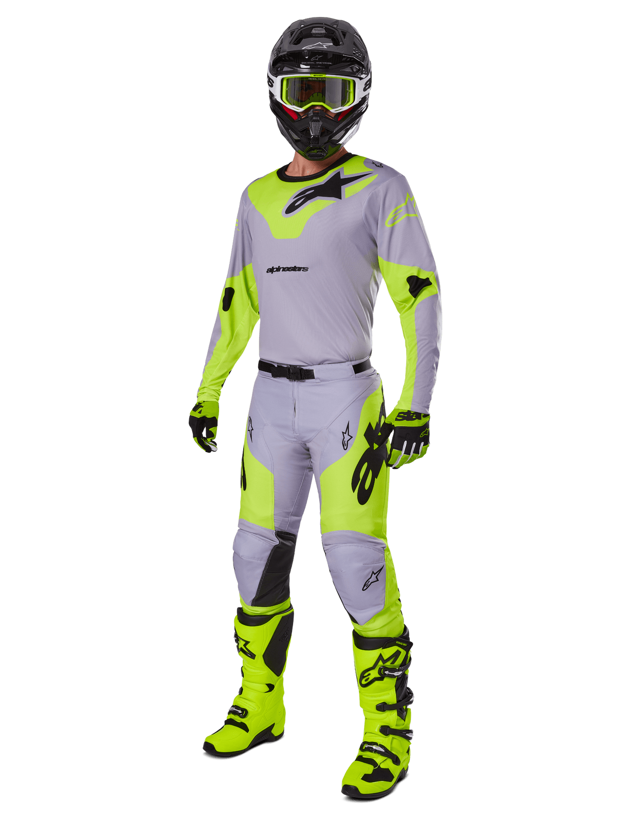 Alpinestars 2025 Racer Veil Pants, Motocross Pants, Gray and Yellow Fluo, worn with matching jersey, black helmet, fluo yellow goggles, boots, and gloves, coordinated off-road racing outfit featuring bold branding and ergonomic design.