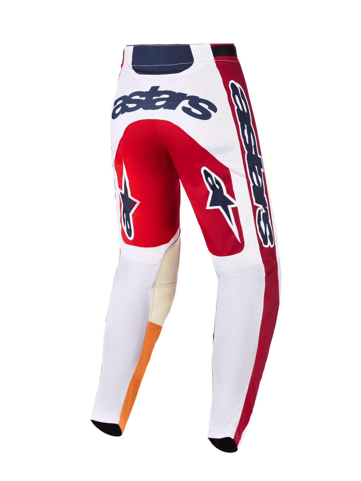 Alpinestars 2026 Racer Portl Pants, motorcrossbroek, rood, wit en donkergrijs, achteraanzicht met een opvallend 'astars'-logo op de achterkant, ster-iconen op de broekspijpen en duurzaam materiaal met versterkte binnenknieën voor off-road racing.