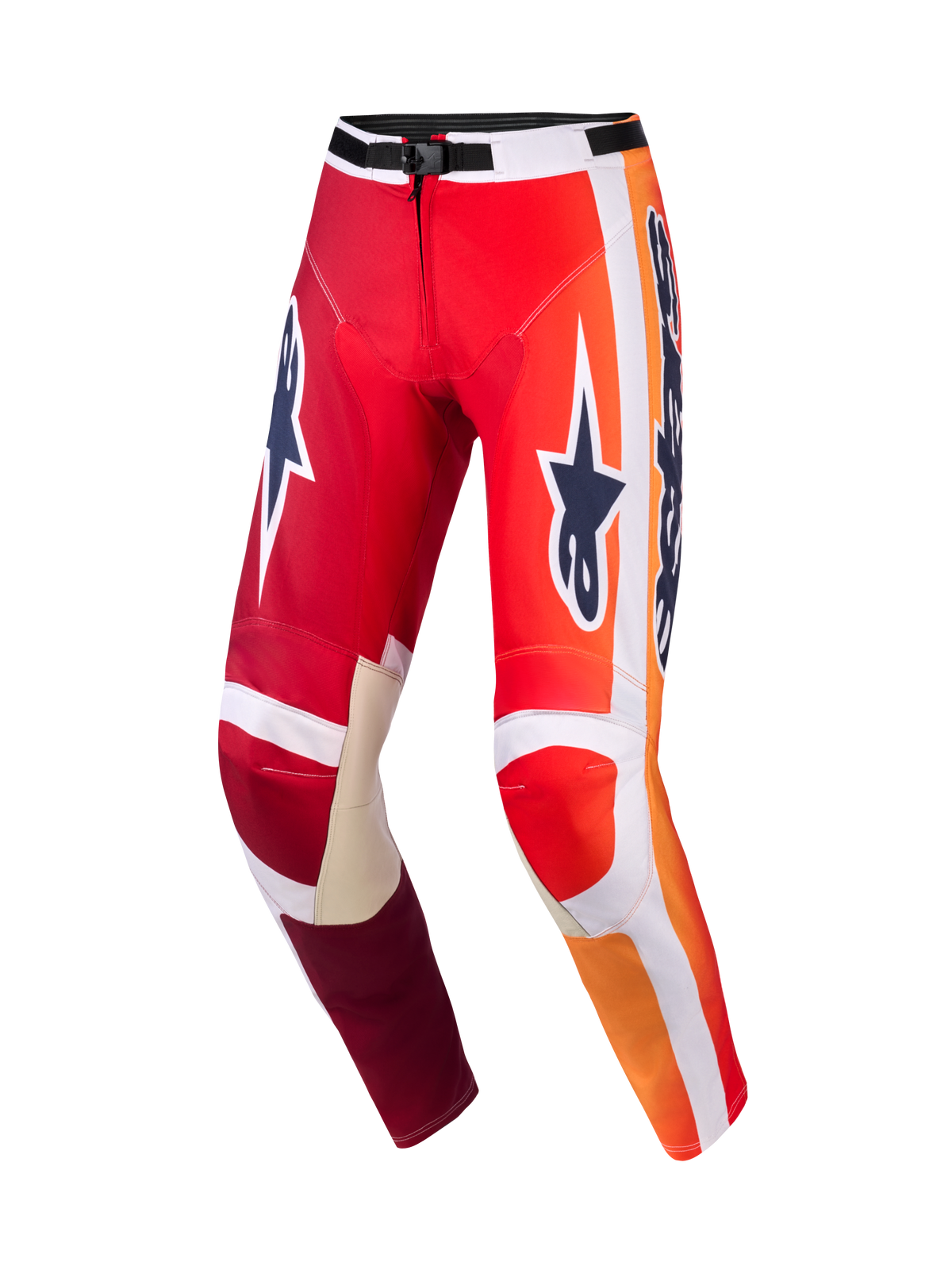 Alpinestars 2026 Racer Portl broek, motorcrossbroek, rood en lichtgrijs met donkergrijze logo's, levendige oranje kleurverlopen en witte strepen, grote Astar-branding op de dijen, lichtgrijze lederen knieverstevigingen aan de binnenzijde, zwarte taillegesp, duurzame uitrusting voor off-road racen.