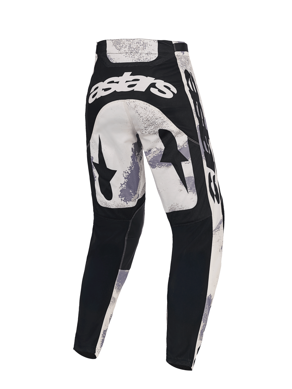 Alpinestars 2026 Racer Lahnd Pants, motorcrossbroek, Sand Camo en grijs, achteraanzicht met witte astars-branding op de achterkant, zwarte ster-graphics op de dijen en zwarte panelen op de onderbenen, ergonomisch ontwerp voor off-road racen