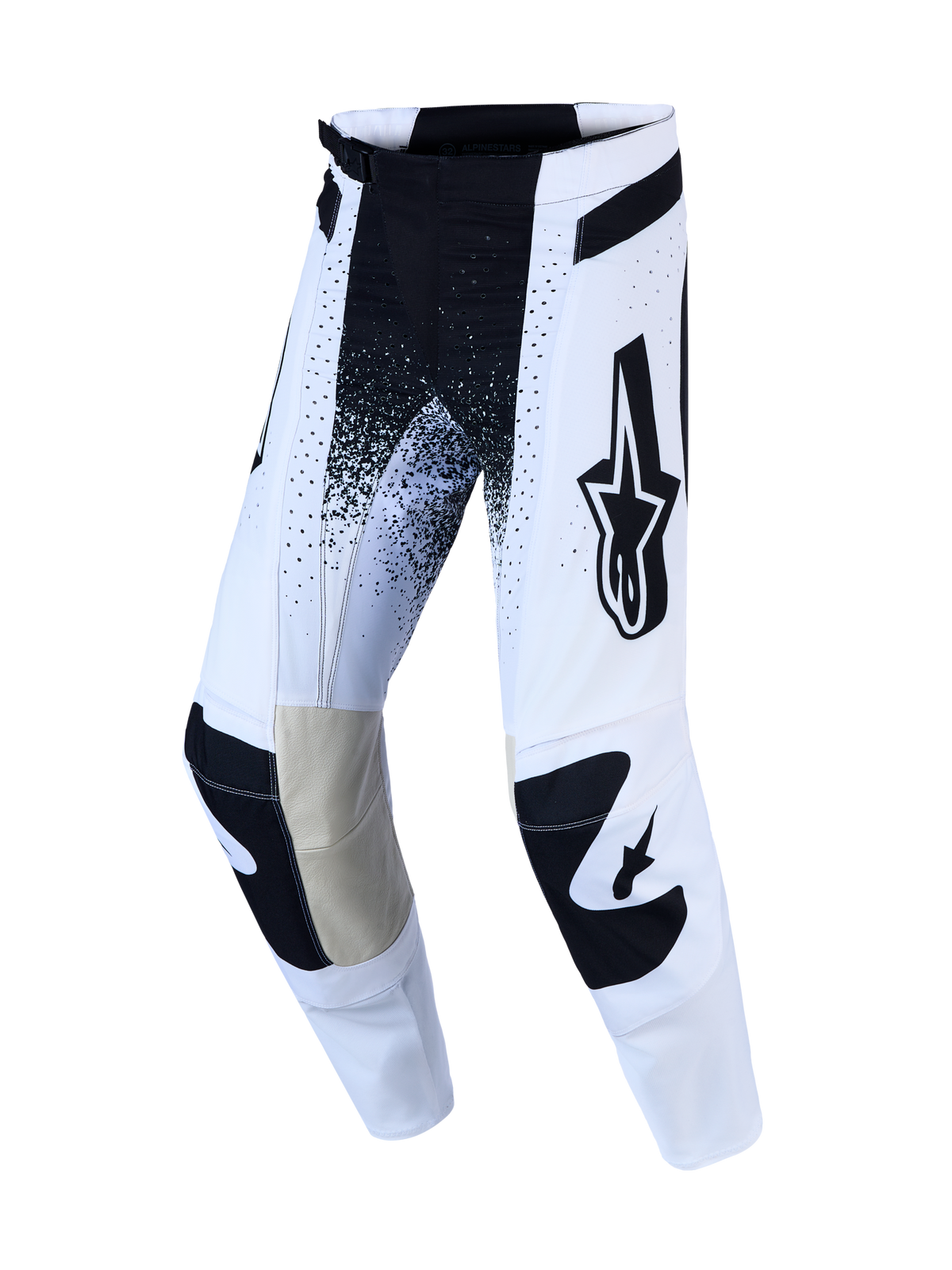Alpinestars Techstar Swan broek en Techstar Swan gear set, witte en zwarte motorcrossbroek met lederen kniepanelen.
